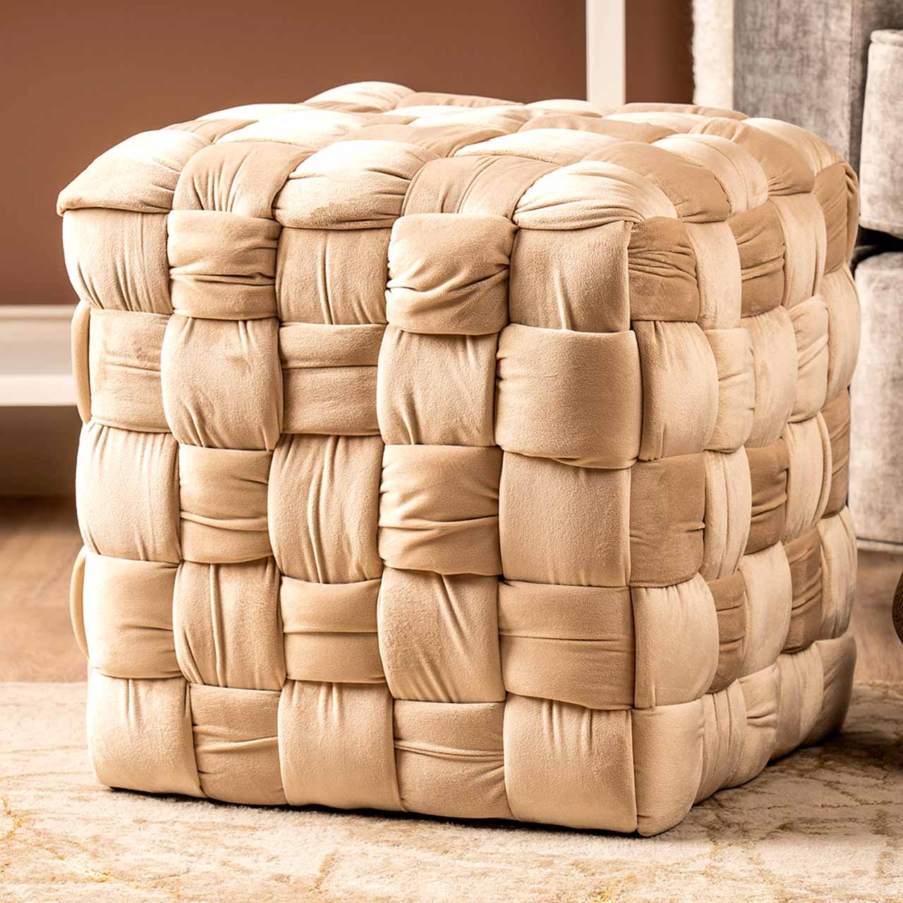 Dark Cream Velvet Woven Ottoman