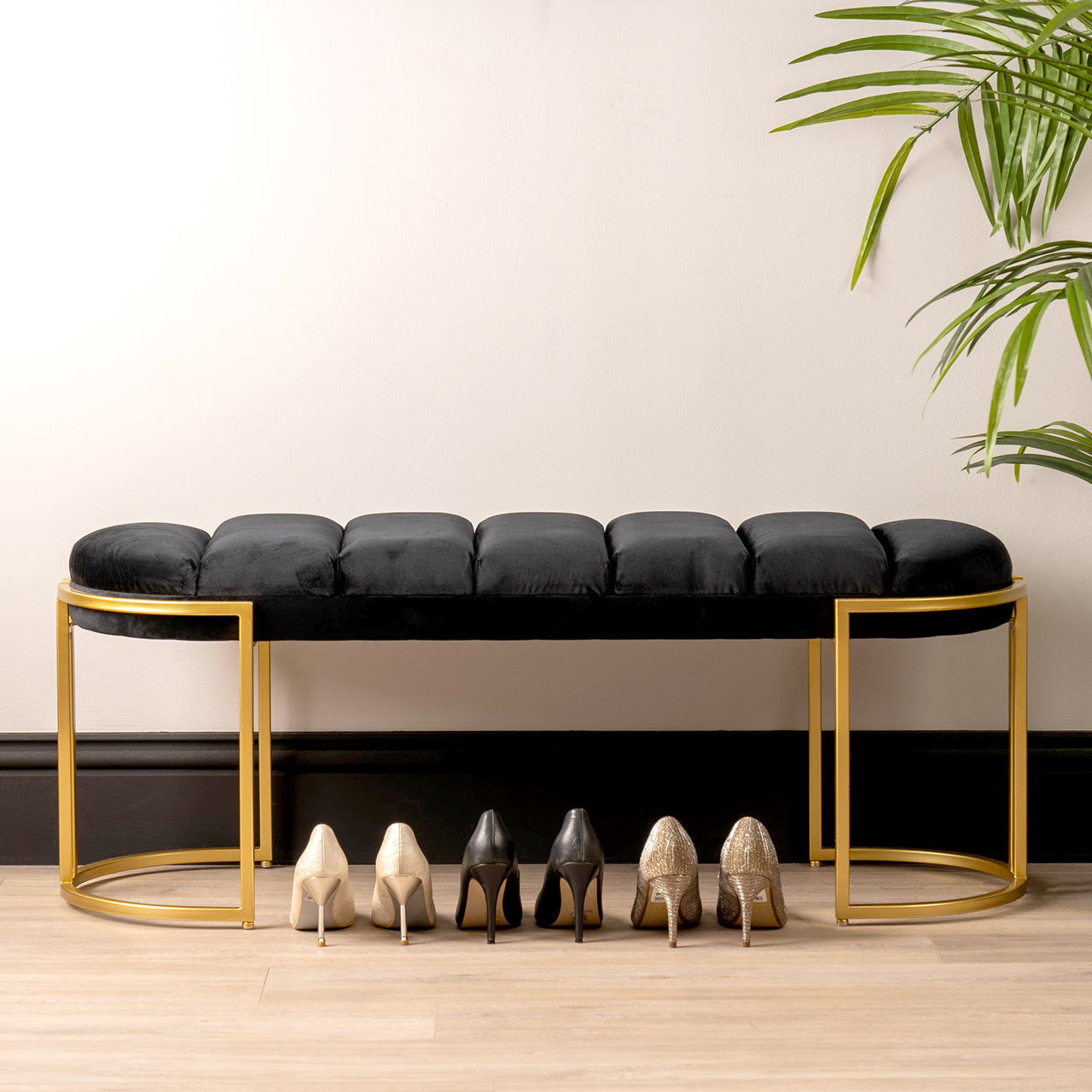 Black Velvet Tufted Bench with Gold Legs - KD