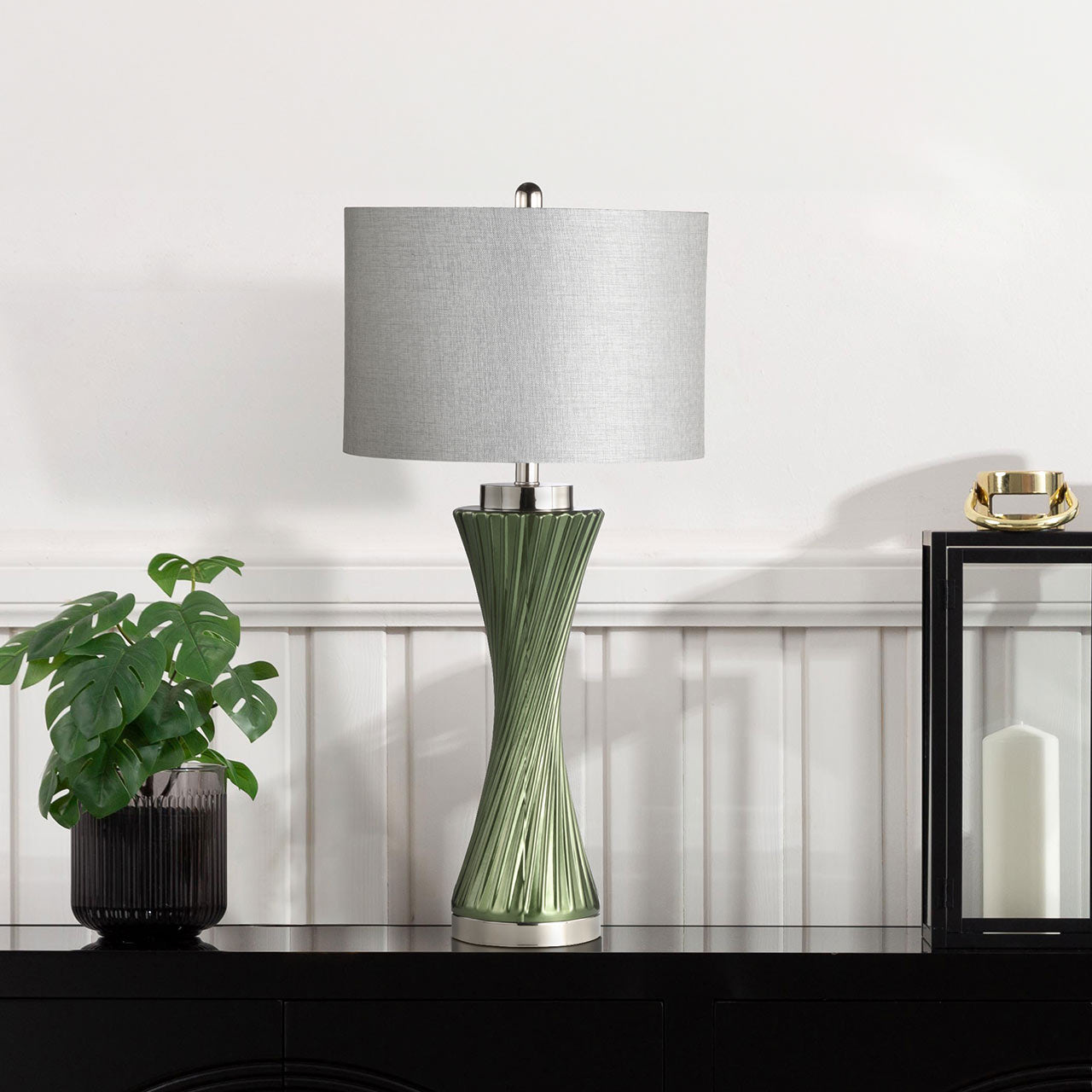 78cm Green Twist Table Lamp with Grey Linen Shade - E27