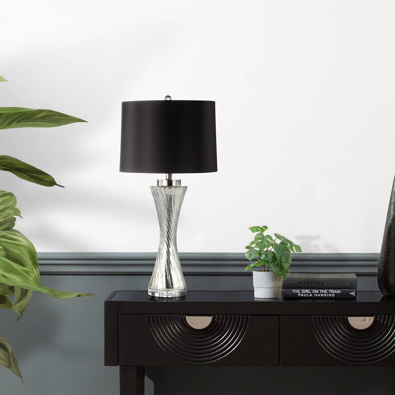 81.3cm Silver Twist Table Lamp with Black Satin Shade- Silver Ins- E27 Dual Plug