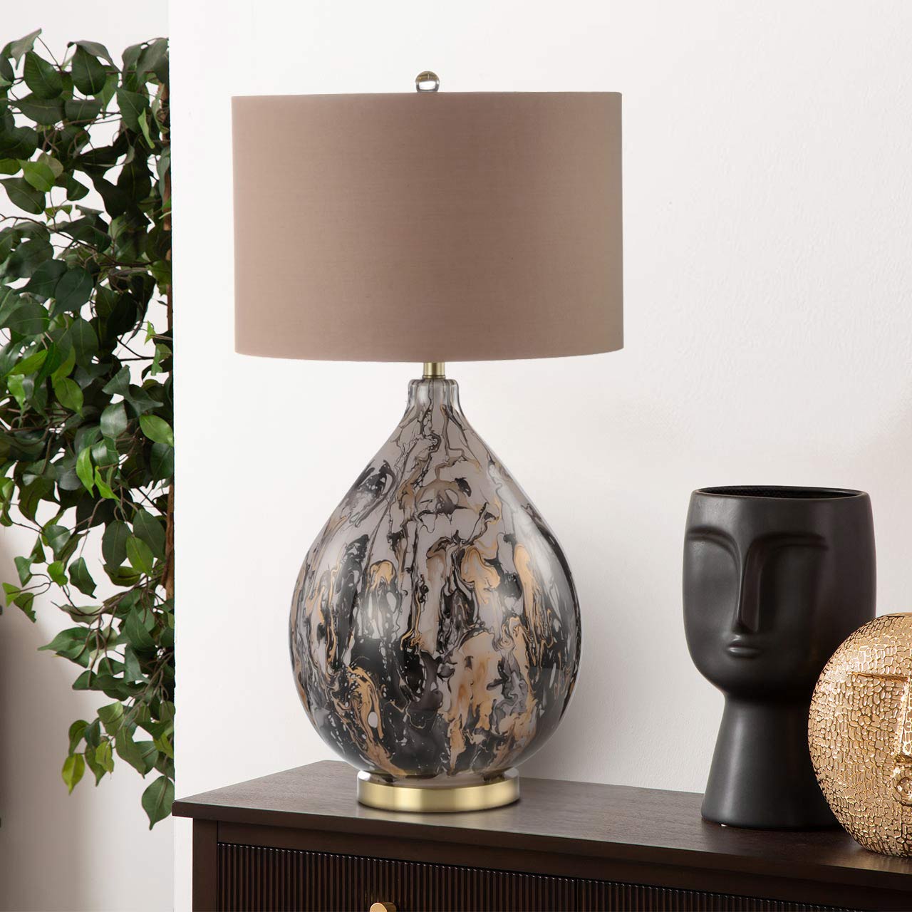 79cm Brown Gold Black Abstract Glass Table Lamp with Gold Linen Shade-Gold Ins- E27