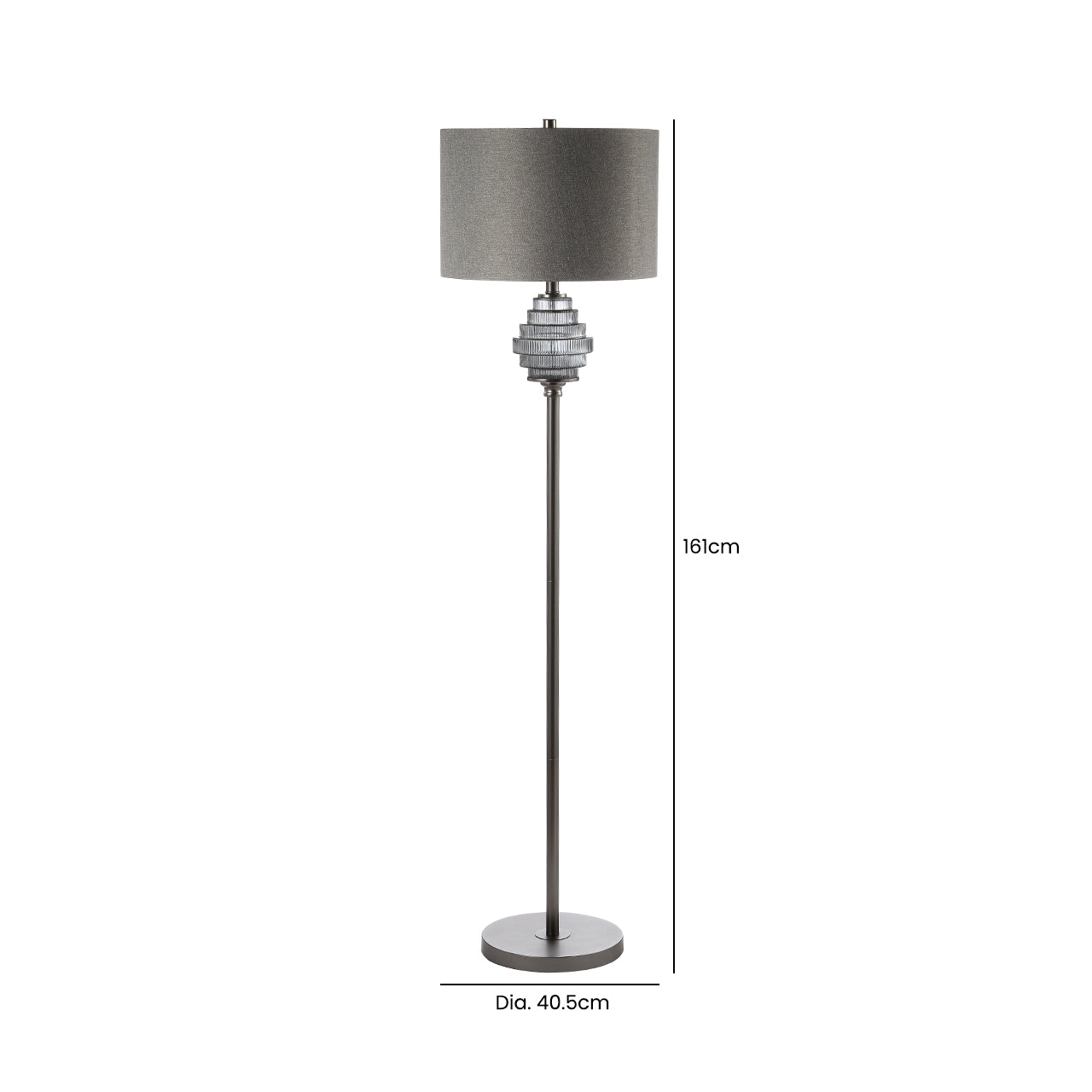161cm Smoke Glass Floor Lamp with Grey Linen Shade - E27
