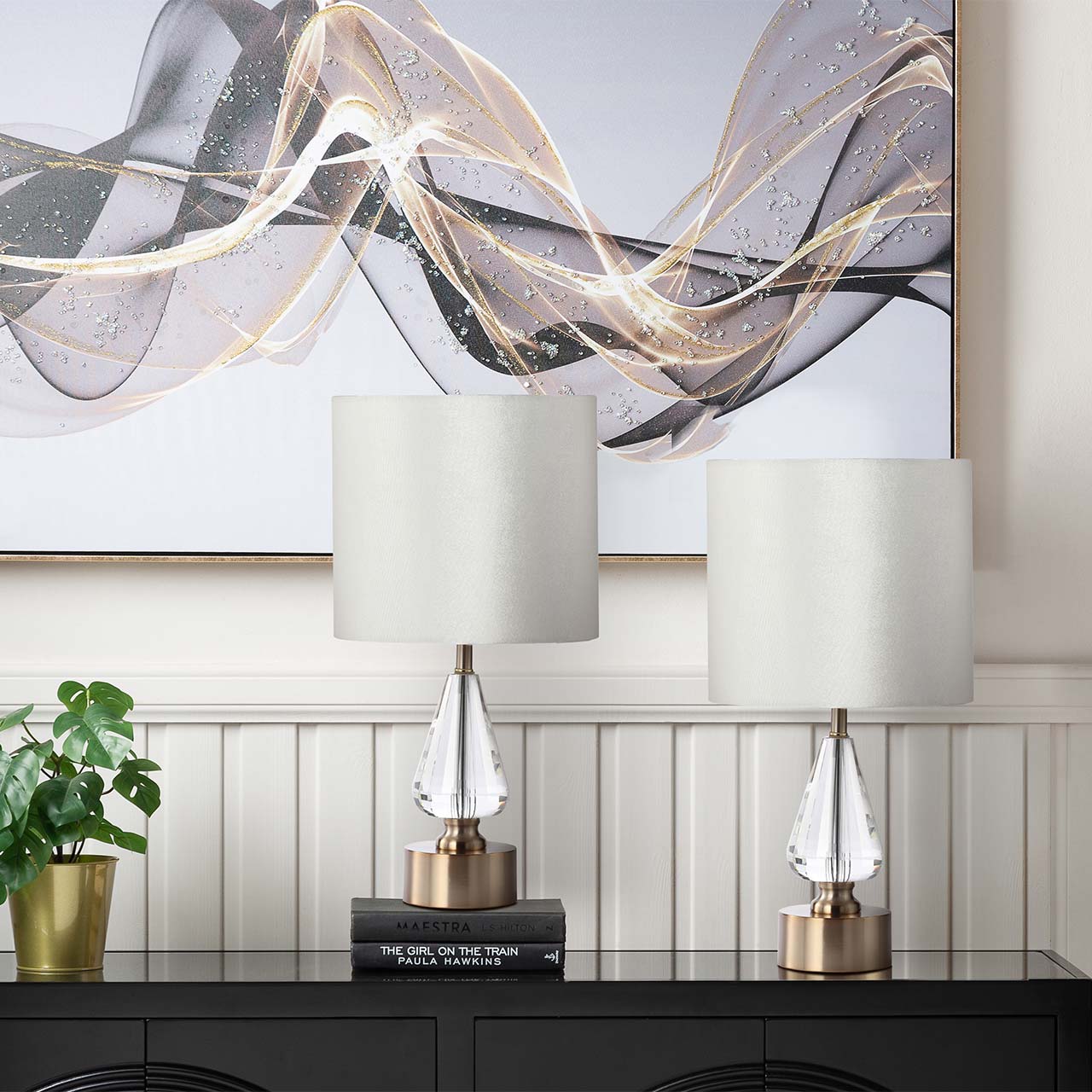 48.5cm Crystal Table Lamp with Cream Velvet Shade- E27