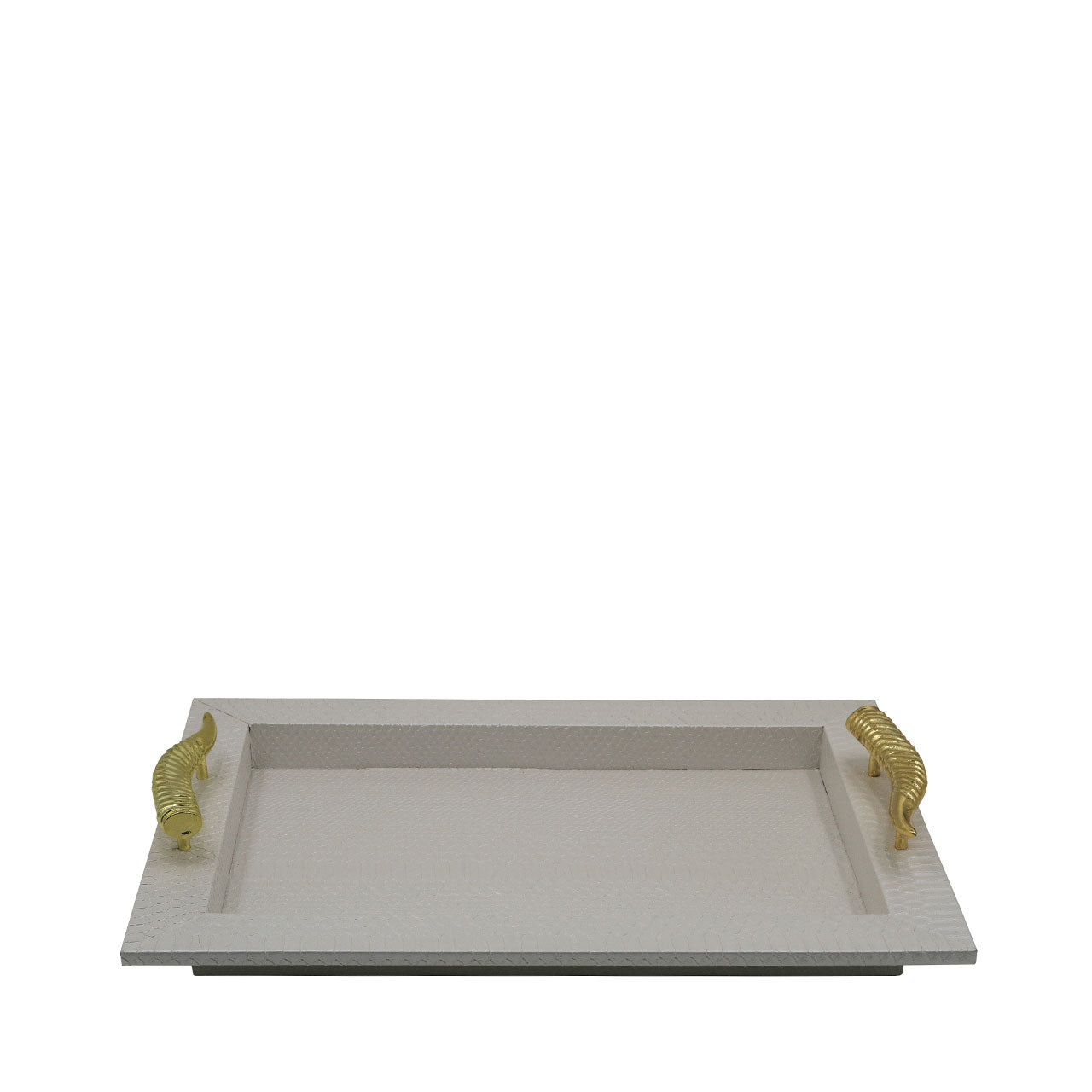 52x37 Pearl White Faux Snake Leather Tray with Gold Horn Handle