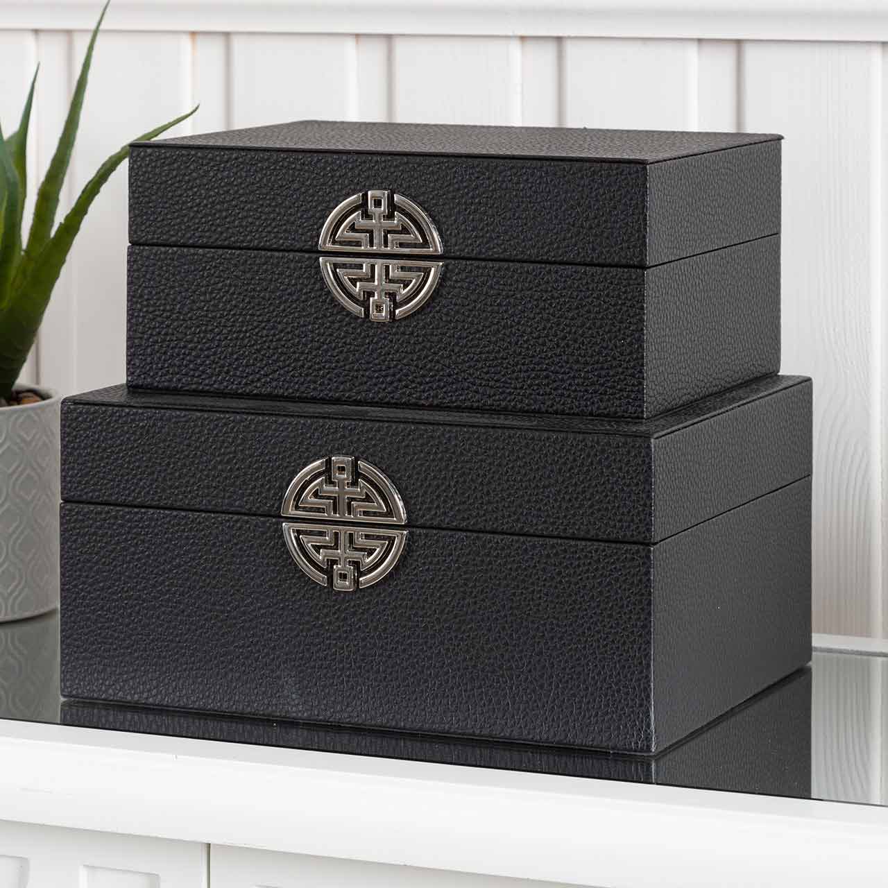 Set Of 2 Faux Litchi Grain Leather Jewellery Boxes Black