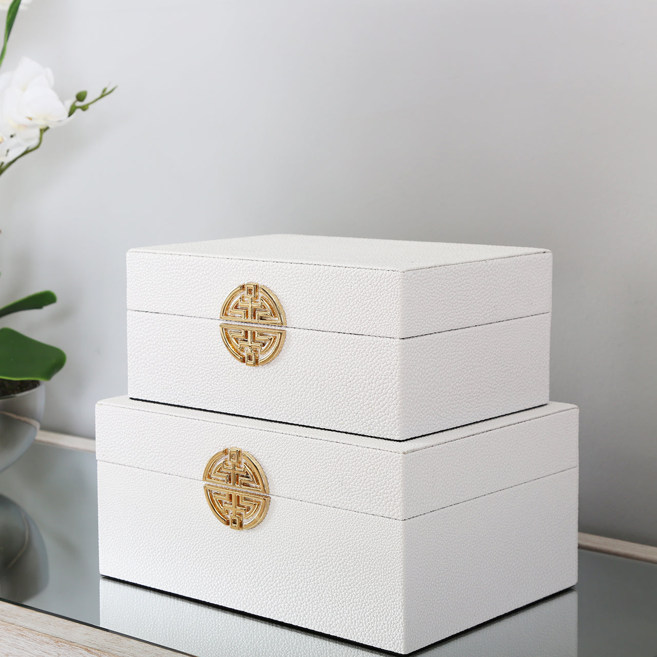 Set Of 2 Faux Lichi Grain Jewellery Boxes White Gold Hdl