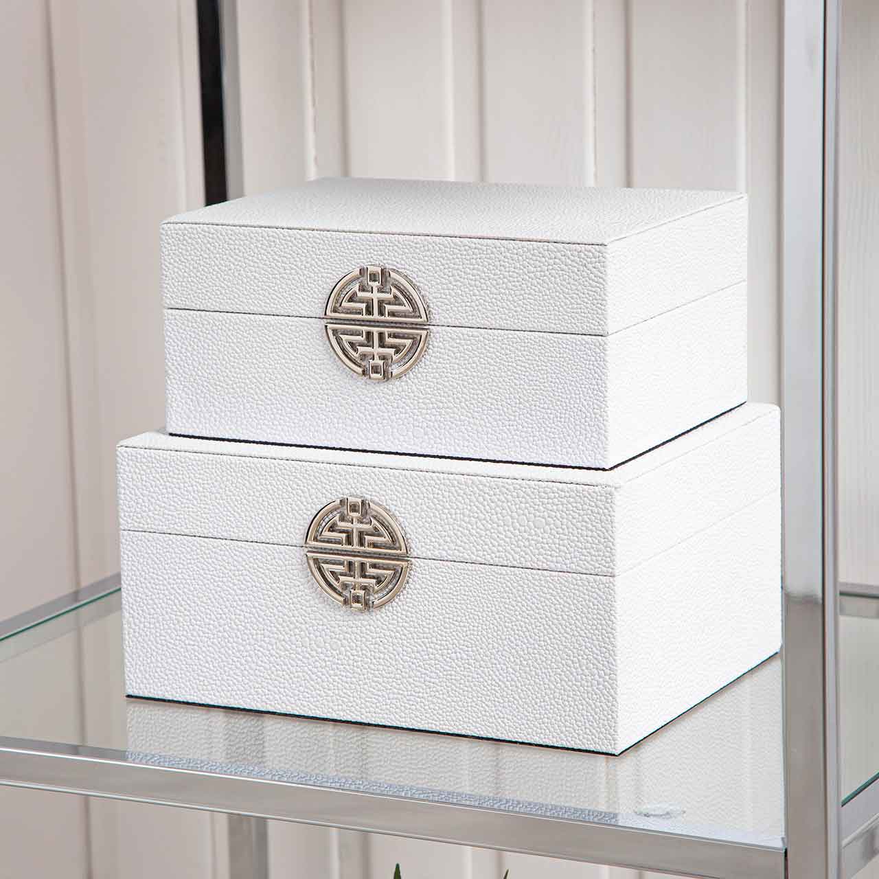 Set Of 2 Faux Lichi Grain Jewellery Boxes White