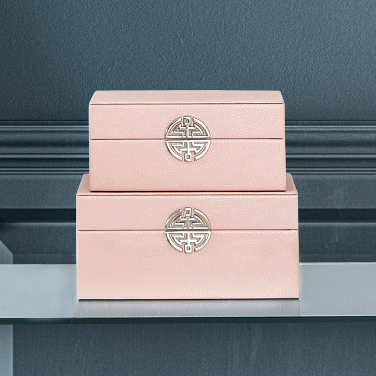 Set Of 2 Faux Lthr Jewellery Boxes Light Pink Silver Handle