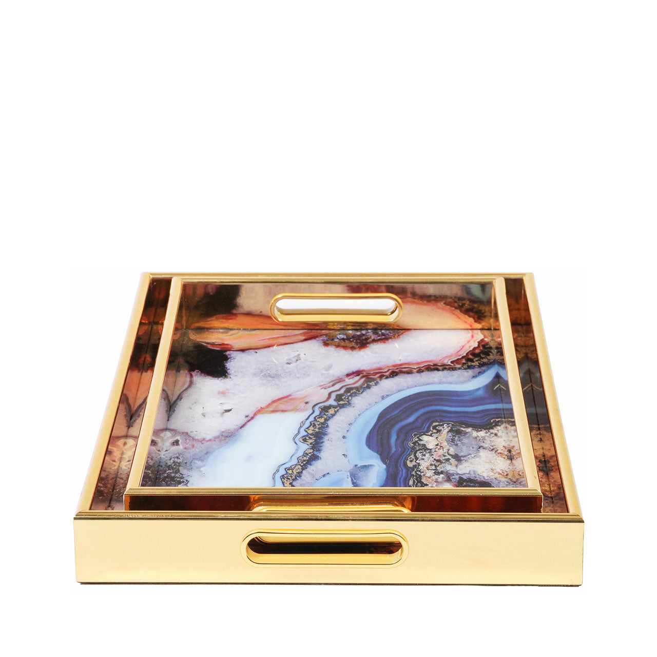 Set of 2 Agate Design Tray Blue and Gold