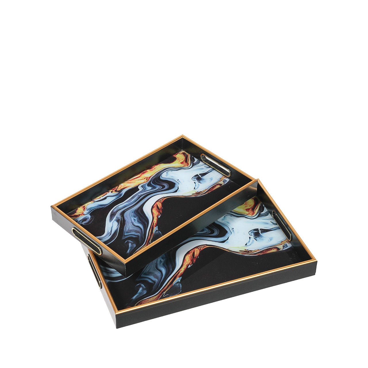 Set of 2 Abstract Design Tray Black Blue Yellow