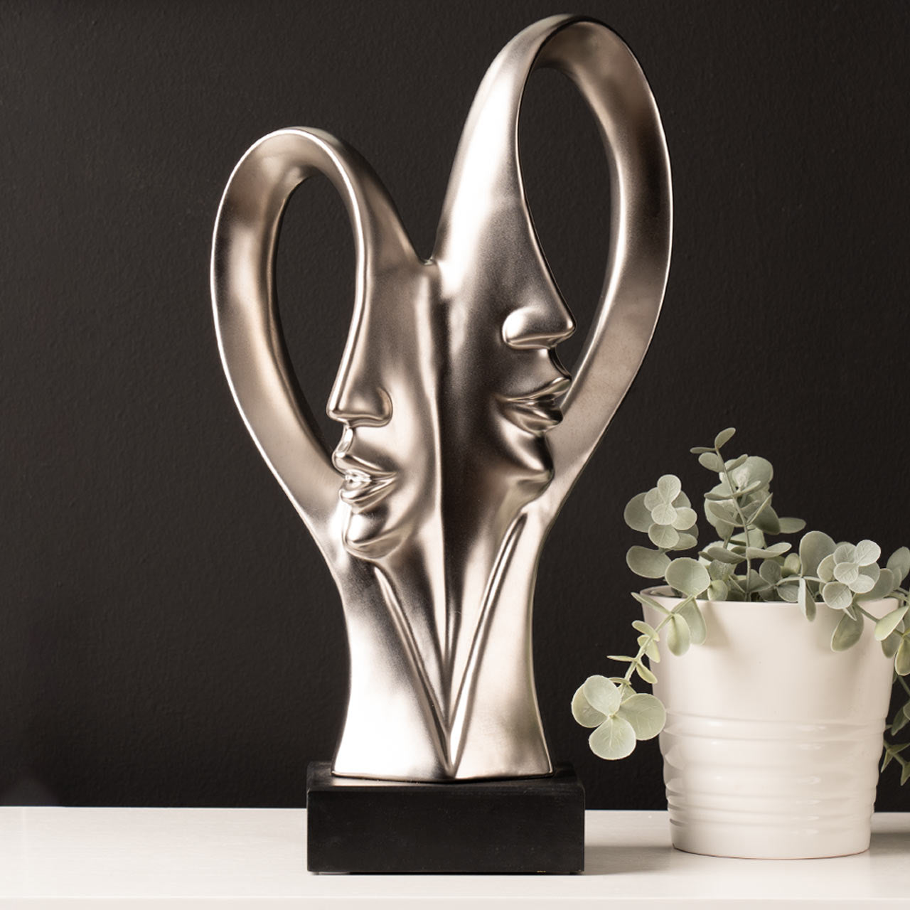 37.5cm Matte Silver 2 Faces Sculpture On Black Stand