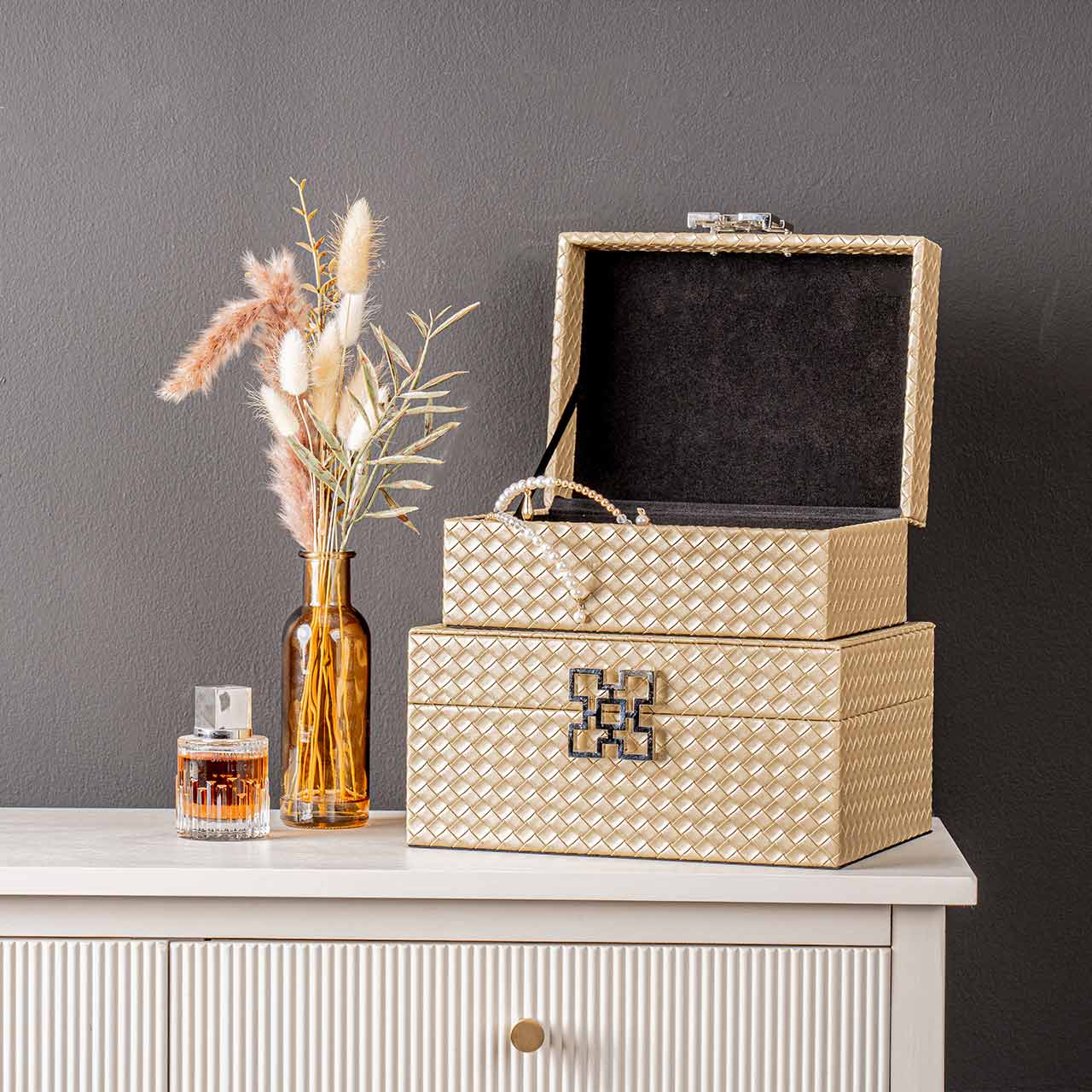 Set of 2 Matte Gold Faux Leather Jewellery Boxes with Silver Handle