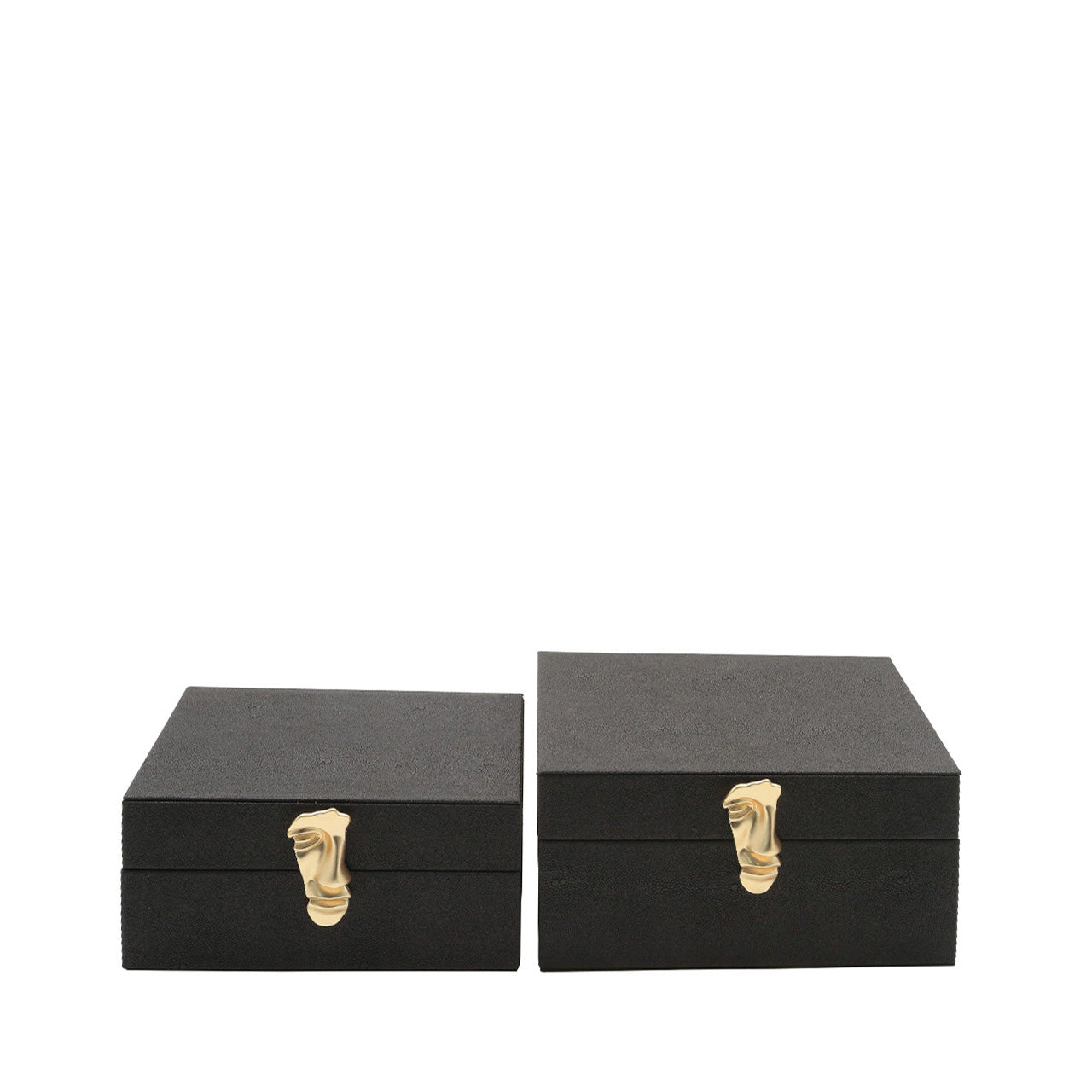 Set of 2 Matte Black Faux Litchi Jewellery Boxes with Matte Gold Face Handle