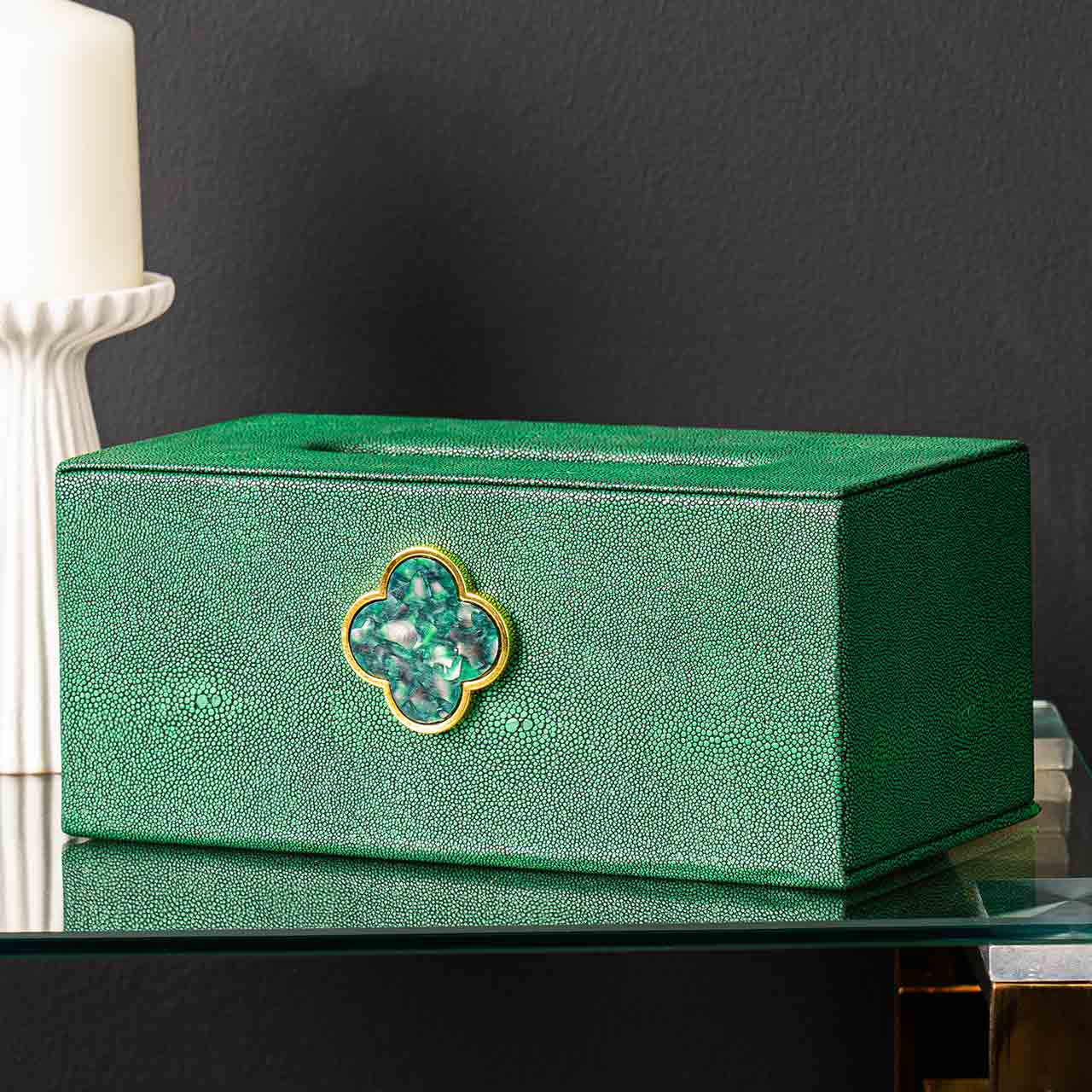 Green Faux Litchi Tissue Box Holder with Green and Gold Handle