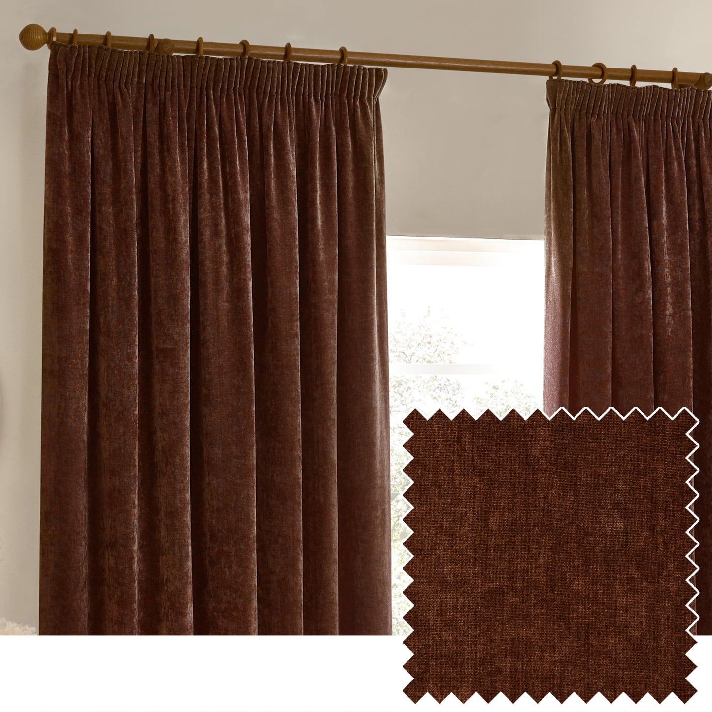 HEAVY CHENILLE 117X183 PENCIL PLEAT CURTAIN NUTMEG