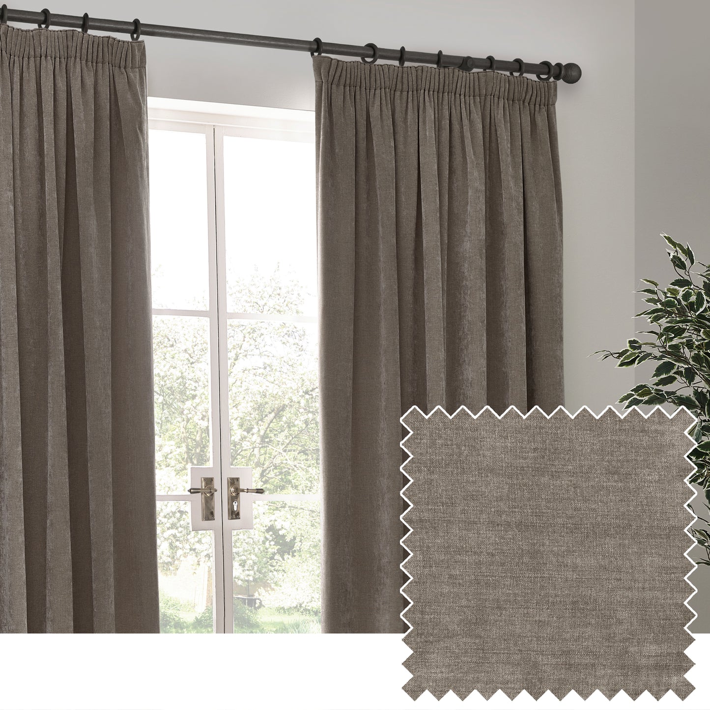HEAVY CHENILLE 168X137 PENCIL PLEAT CURTAIN GREIGE
