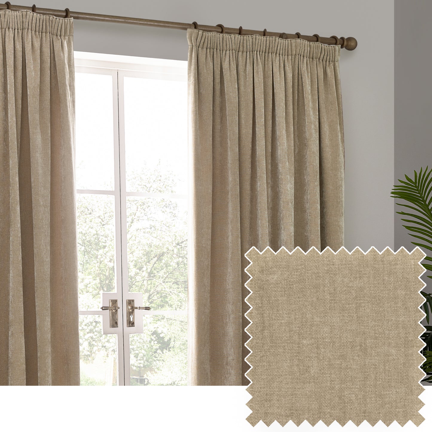 HEAVY CHENILLE 229X137 PENCIL PLEAT CURTAIN NATURAL