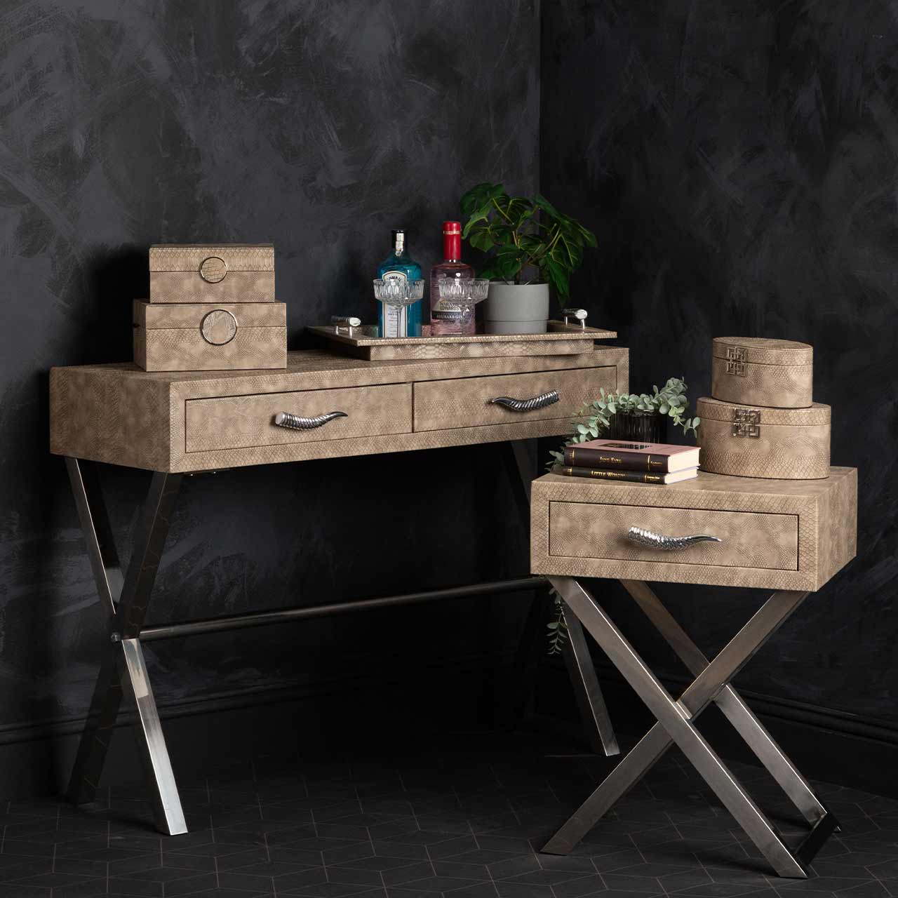 Taupe Faux Snake Leather 2 Drawer Console Table-Horn Handle