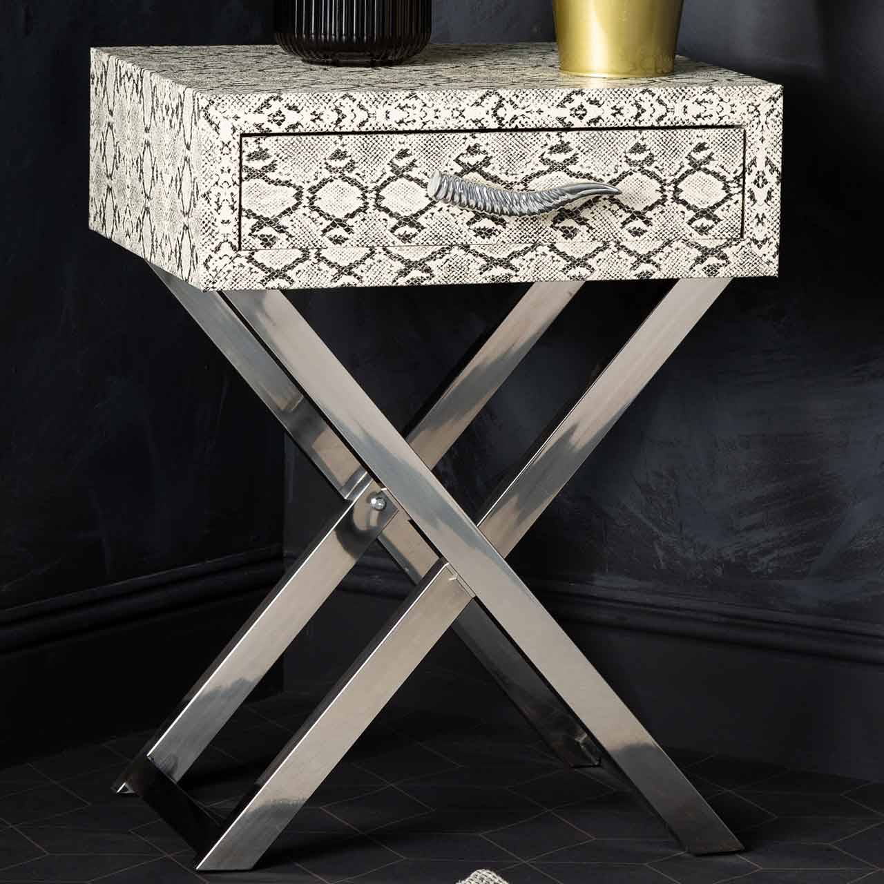 Faux Snake Leather 1 Drawer End Table Black and White-Horn Handle
