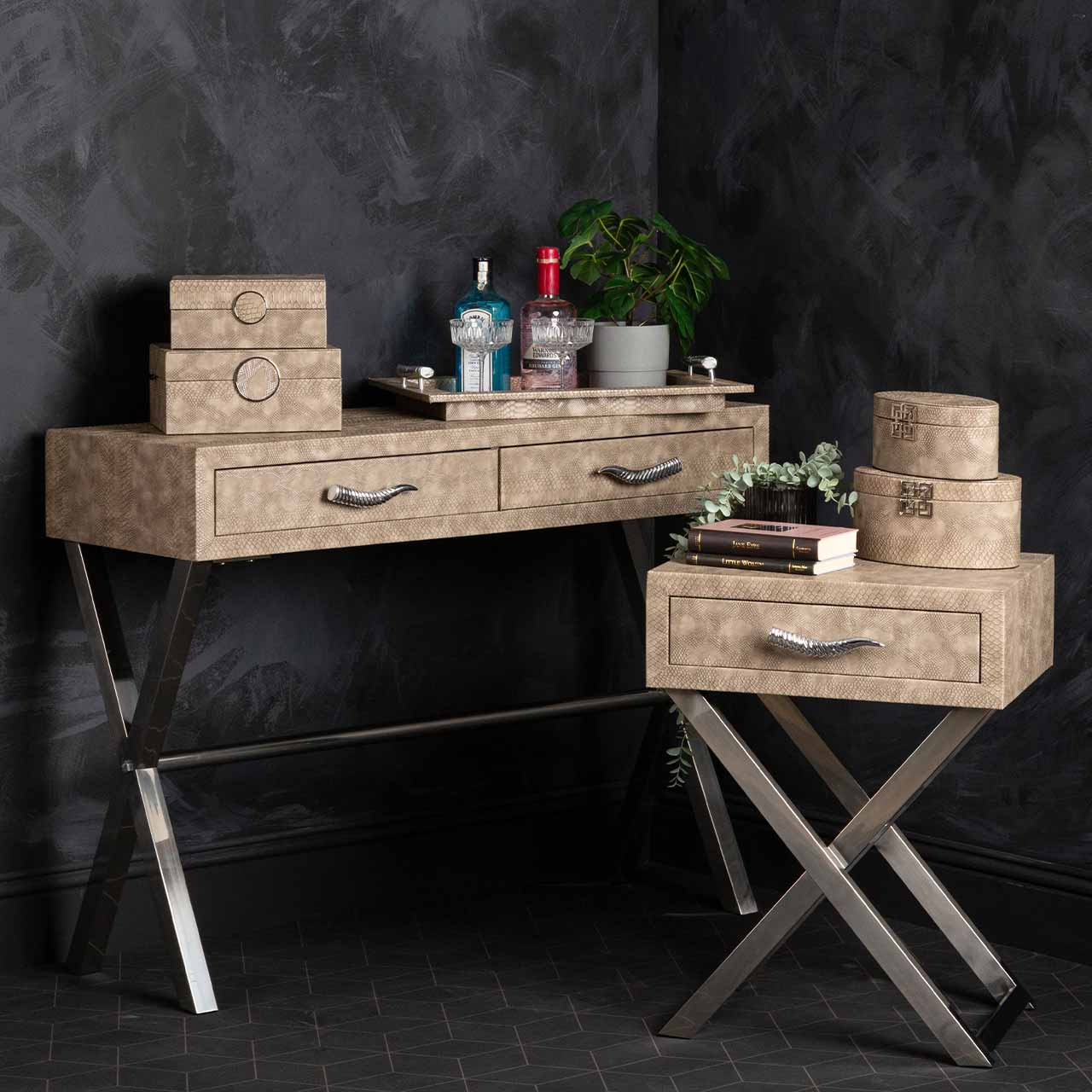 Taupe Faux Snake Leather 1 Drawer End Table-Horn Handle