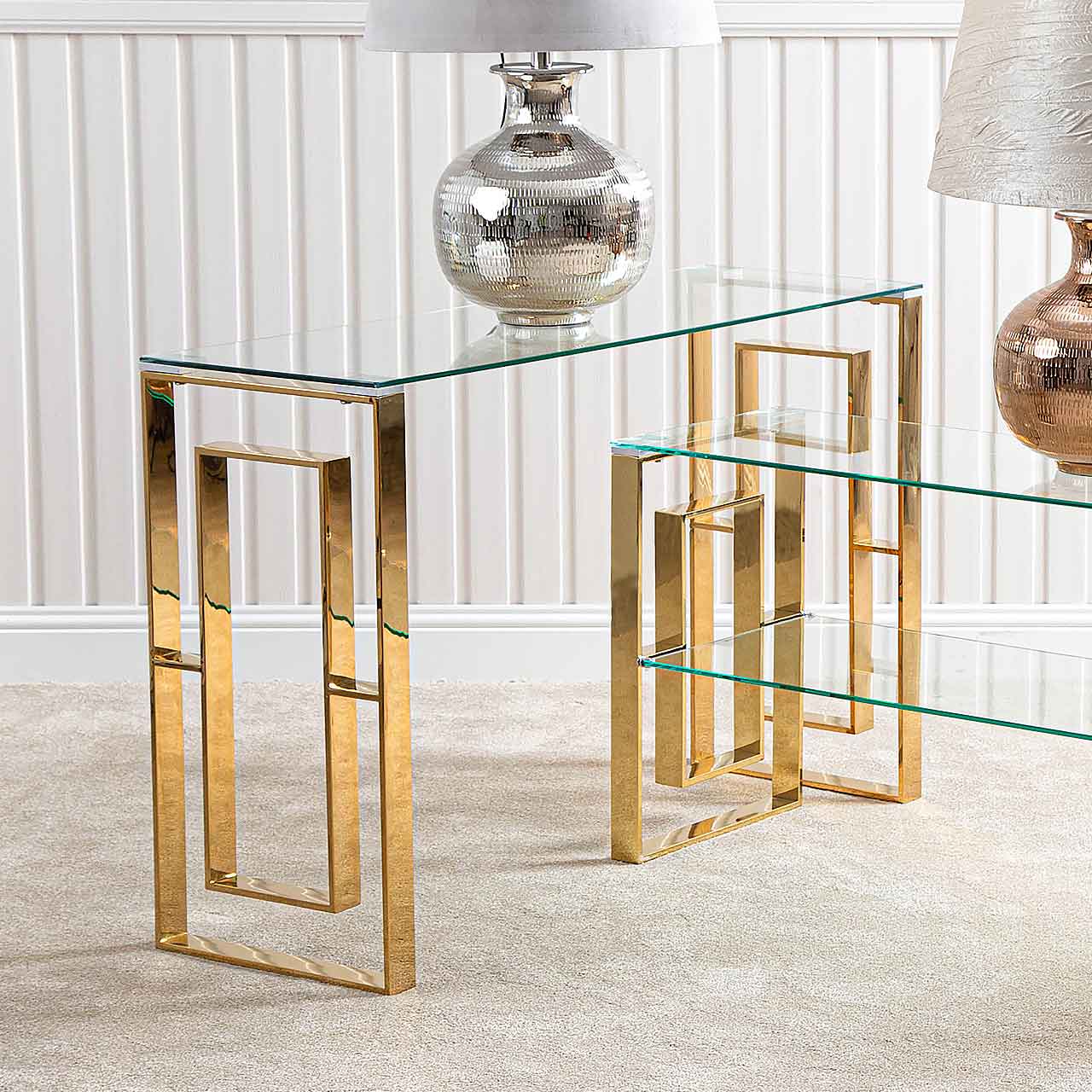 Apex Gold Metal Console Table Clear Glass Top