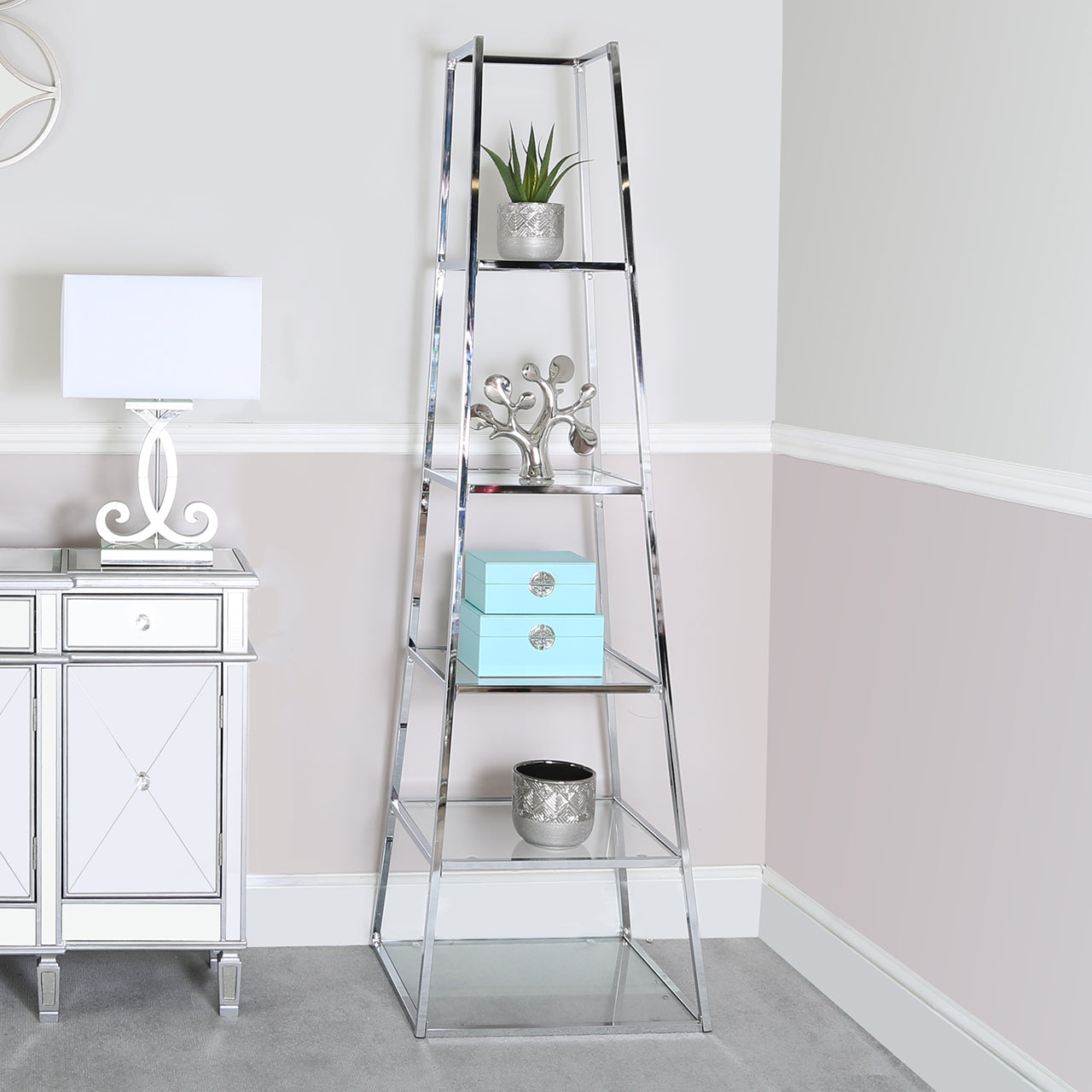 Logan Steel & Clear Glass 5 Tier Ladder Display Unit