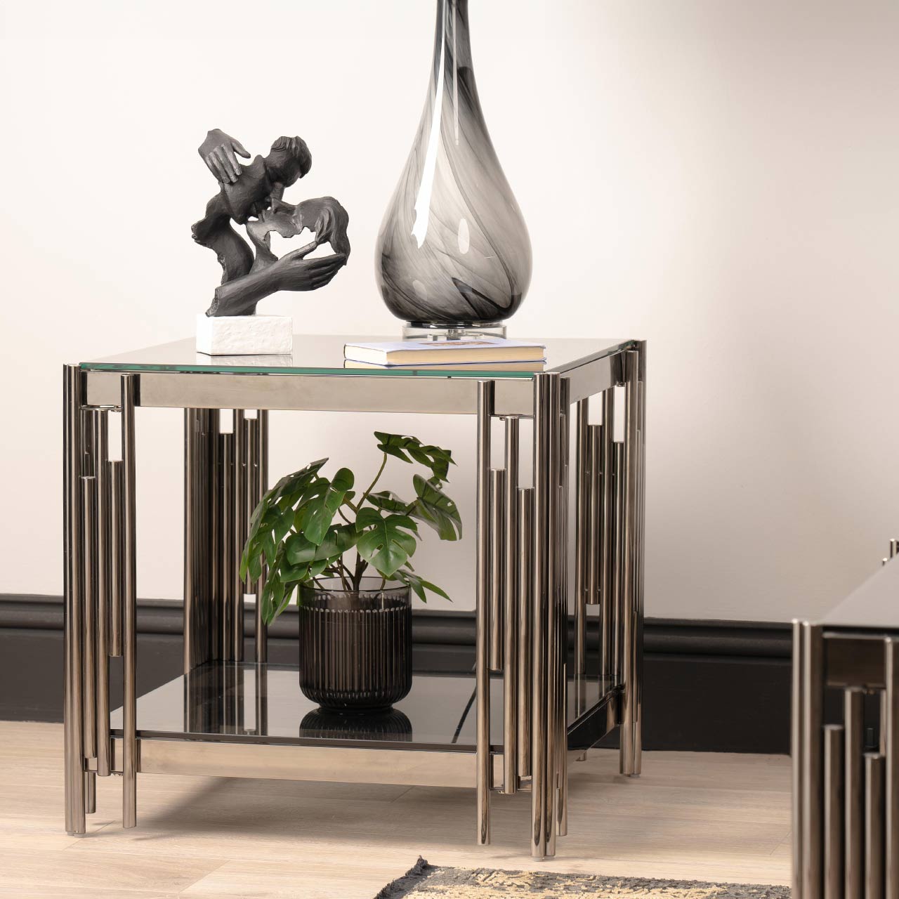 Cohen Black Gunmetal Steel Tubes and Smoke Glass Top End Table - Black Bottom Glass