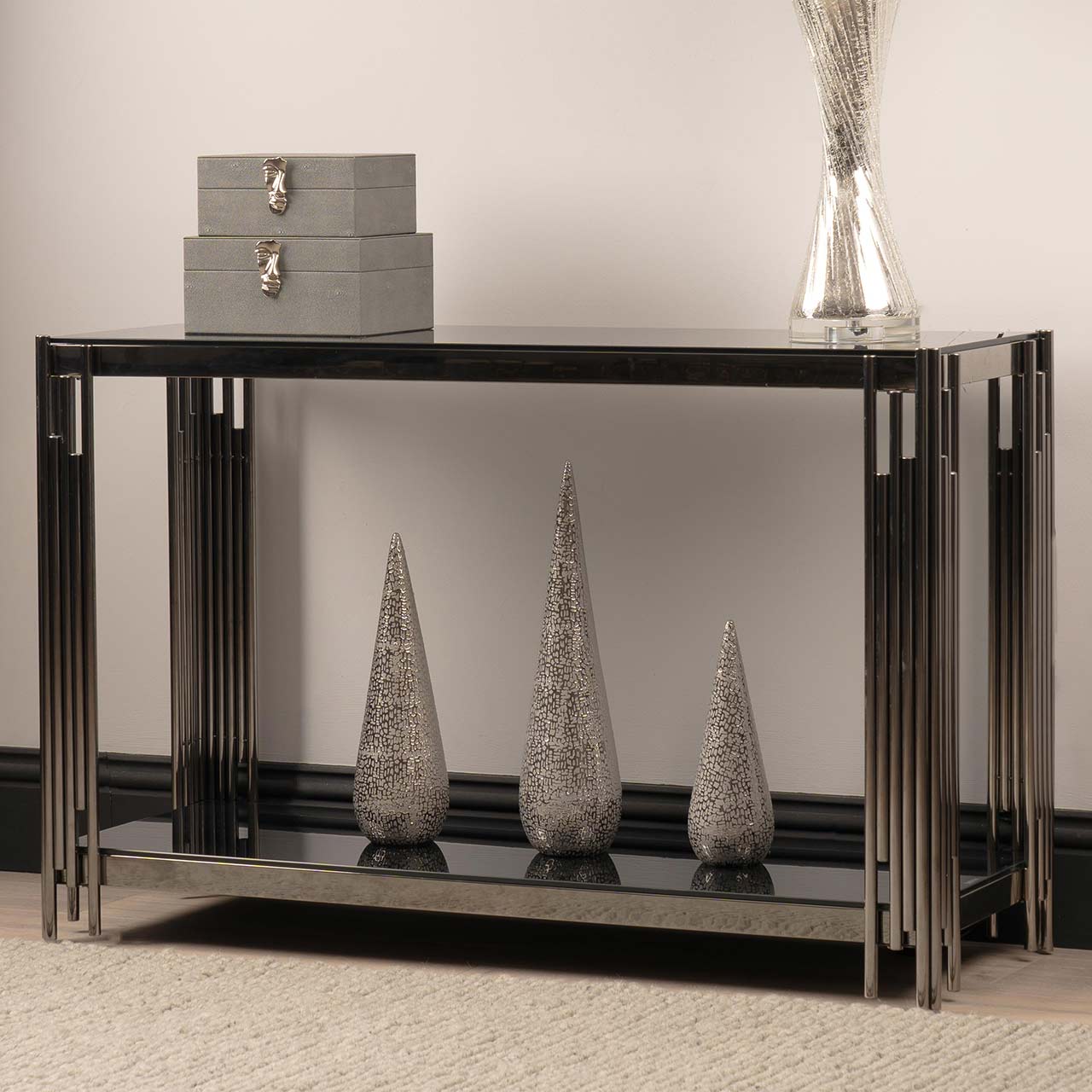 Cohen Black Gunmetal Steel Tubes and Smoke Glass Top Console Table - Black Bottom Glass