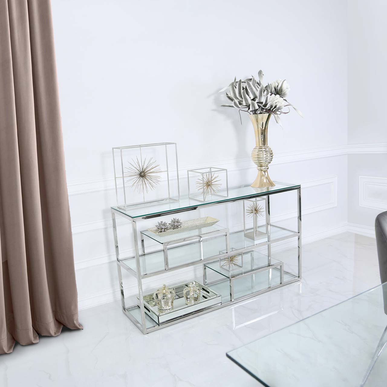 Harry Steel & Clear Glass 3 Tier Console Table