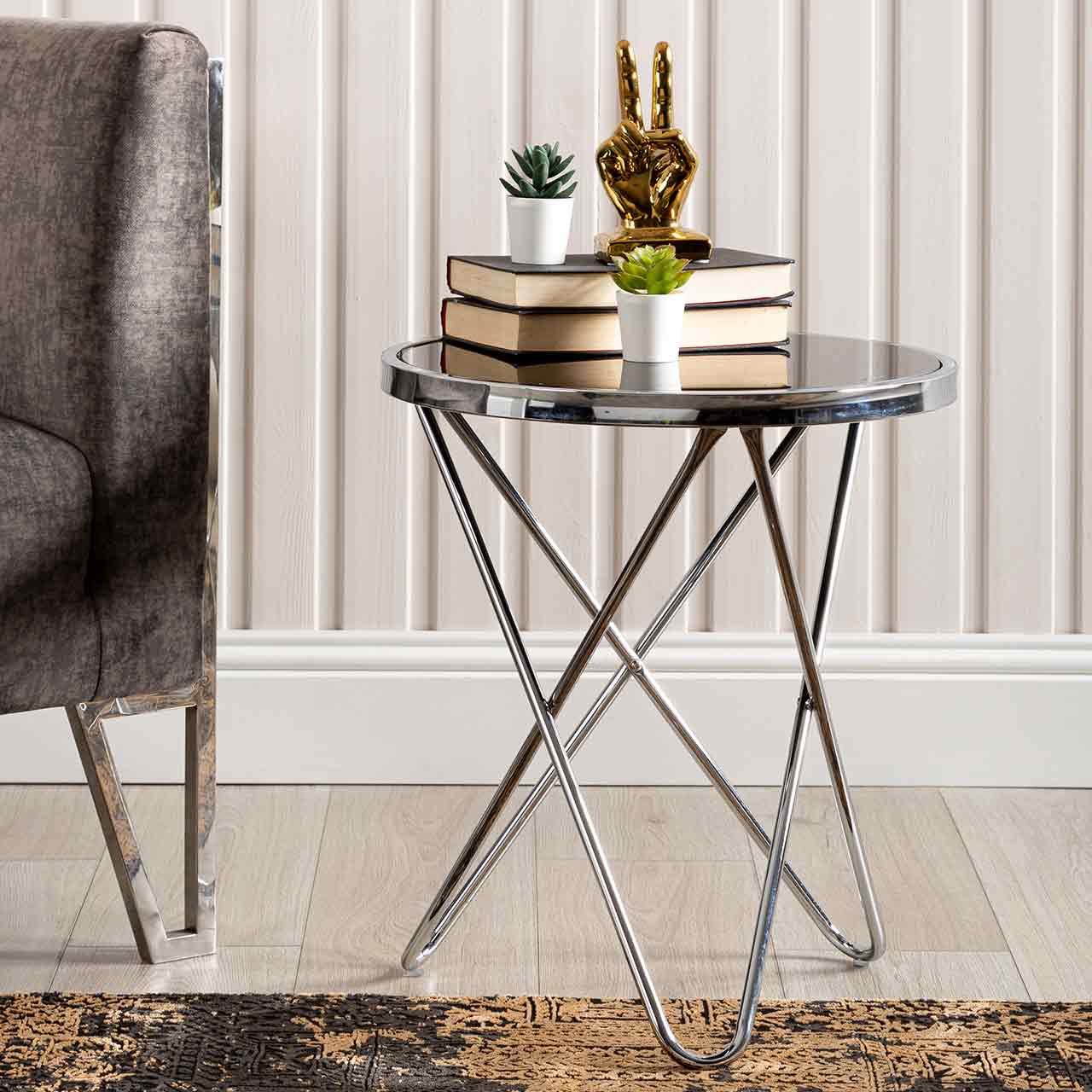 Atom Chrome & Black Glass End Table