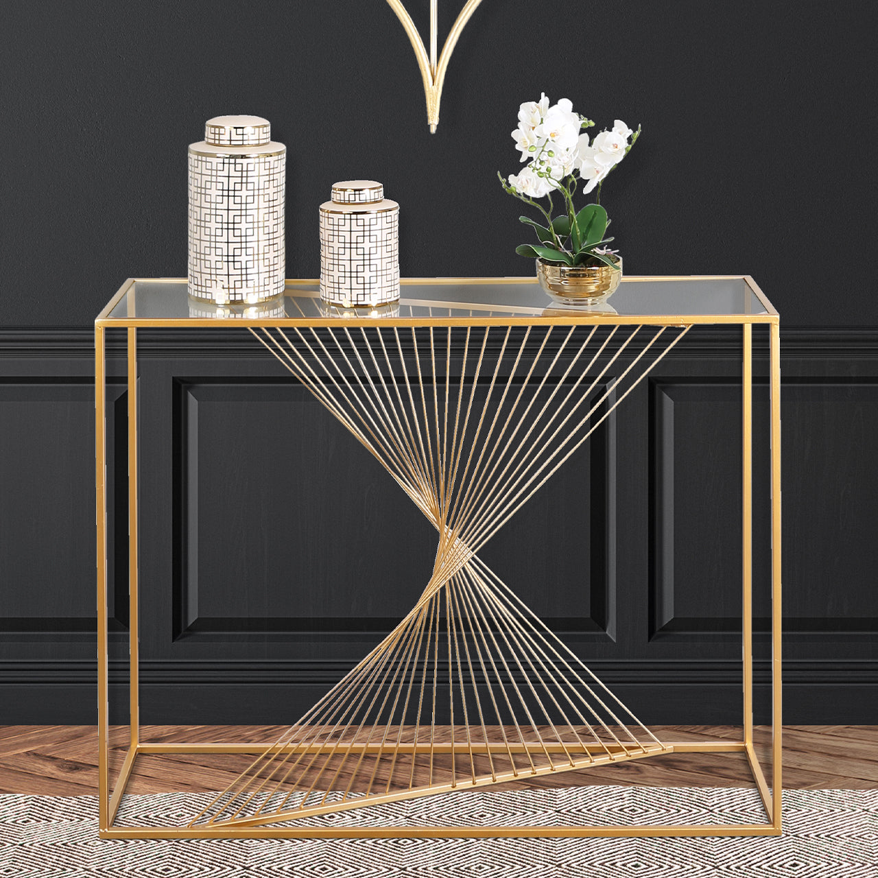 Luna Gold Metal Console Table Clear Glass Top