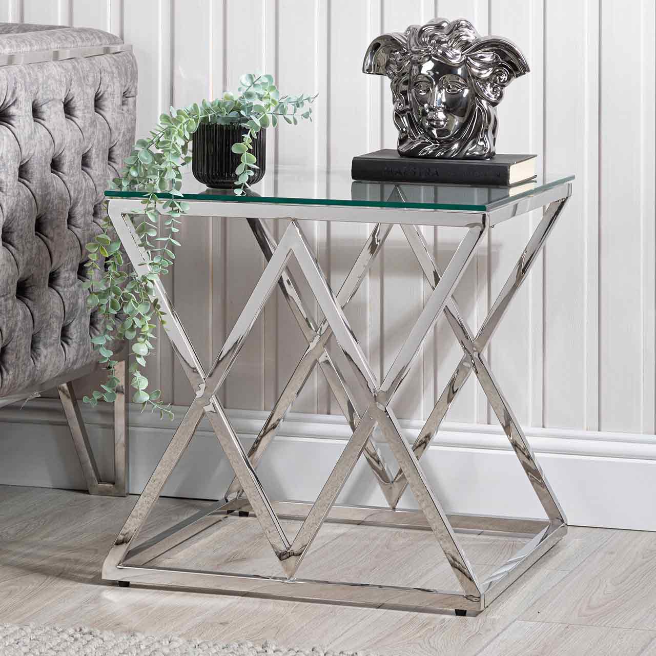 Imperia Stainless Steel End Table Glass Top