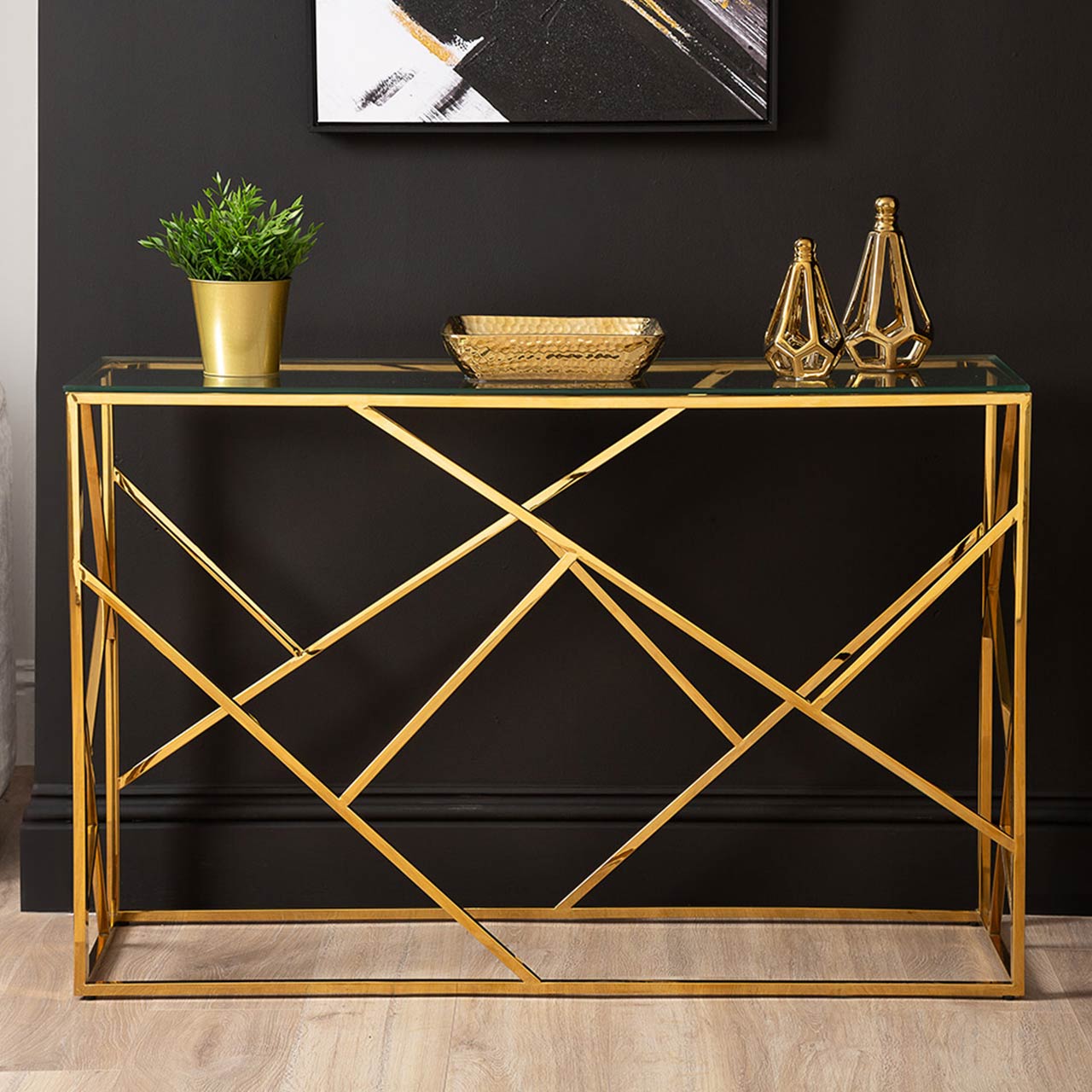 Azaria Gold Metal Console Table Glass Top