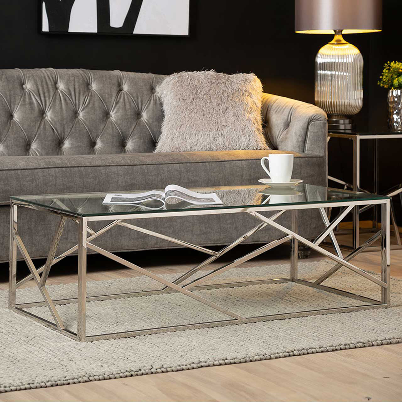 Azaria Stainless Steel Coffee Table Glass Top