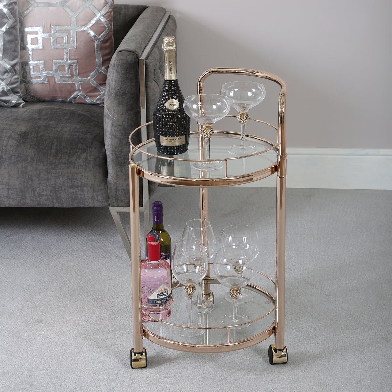Harry Gold Metal & Clear Glass Drinks Trolley