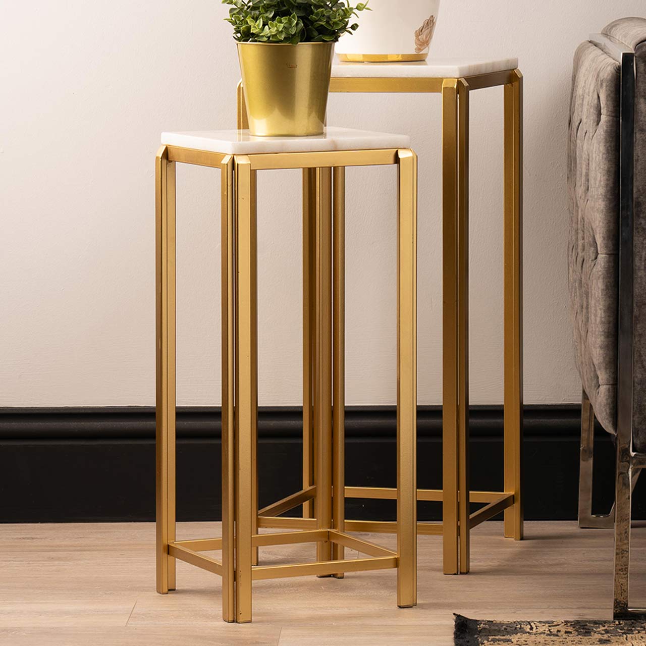 Set of 2 Lena White Marble End Table with Gold Metal Legs