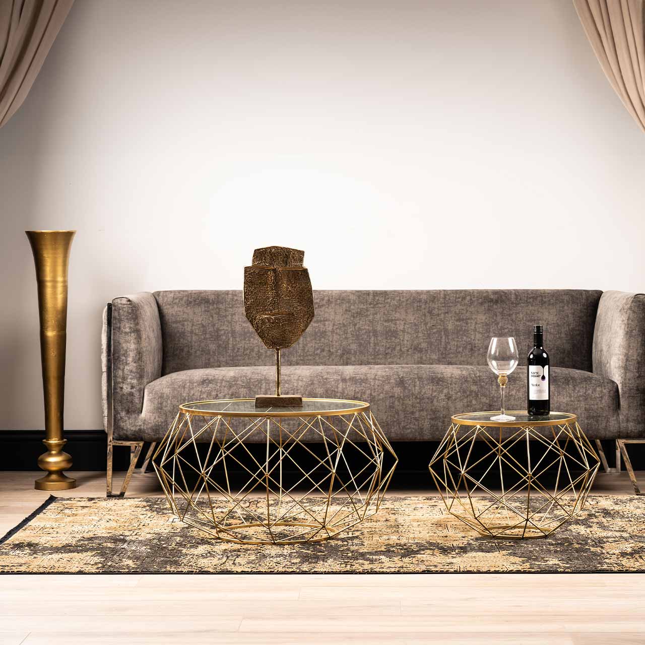 Set of 2 Gold Metal Mesh Coffee Table with Glass Top