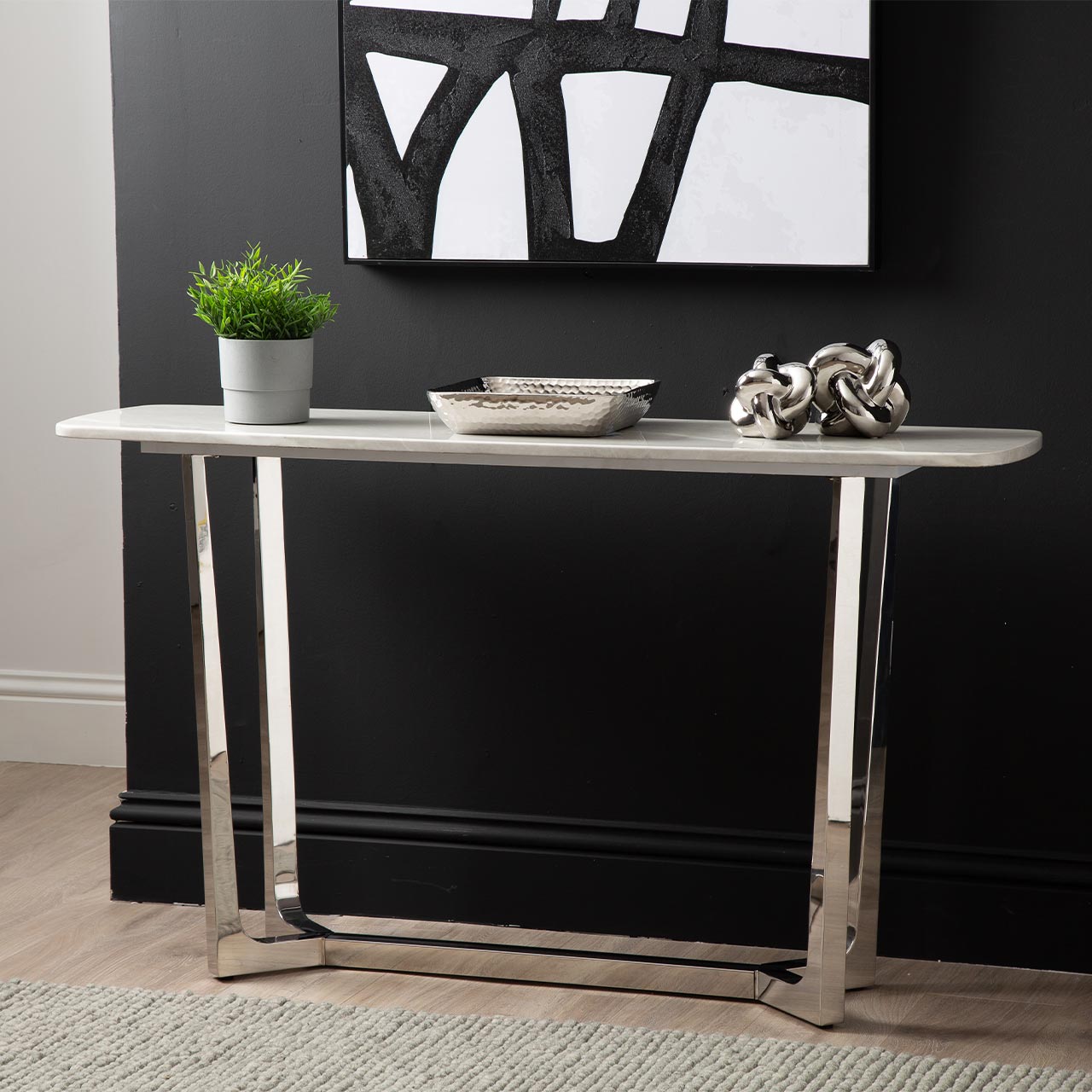 Meghan Chrome Metal Console Table with Grey Faux Marble Top - 2 Parts