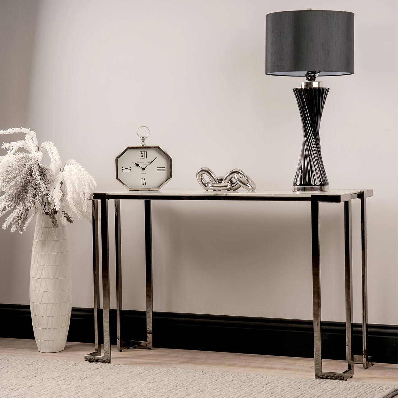 Aamari Grey Gunmetal Console Table with White Faux Marble Glass Top-KD