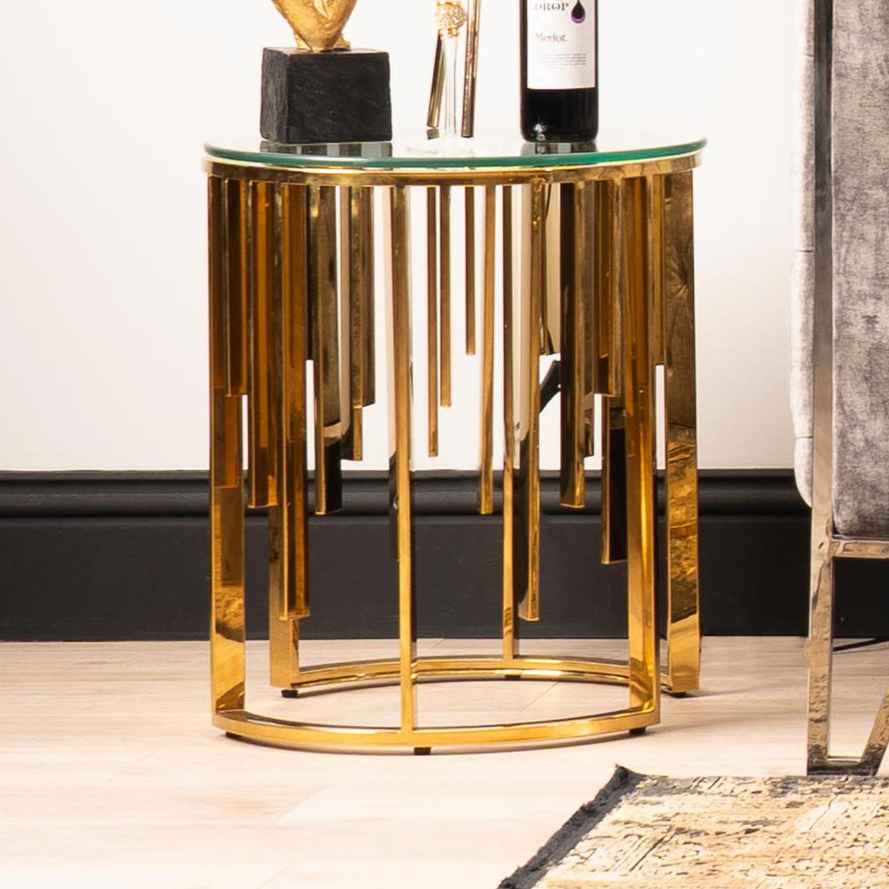 Owen Round Gold Metal End Table with Clear Glass Top-Part 1 Top