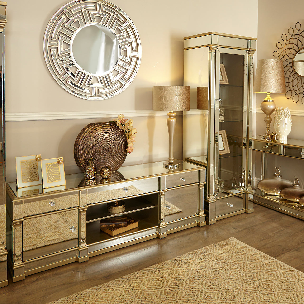 Apollo Mirror 2 Door 3 Drawer Entertainment Unit Champagne