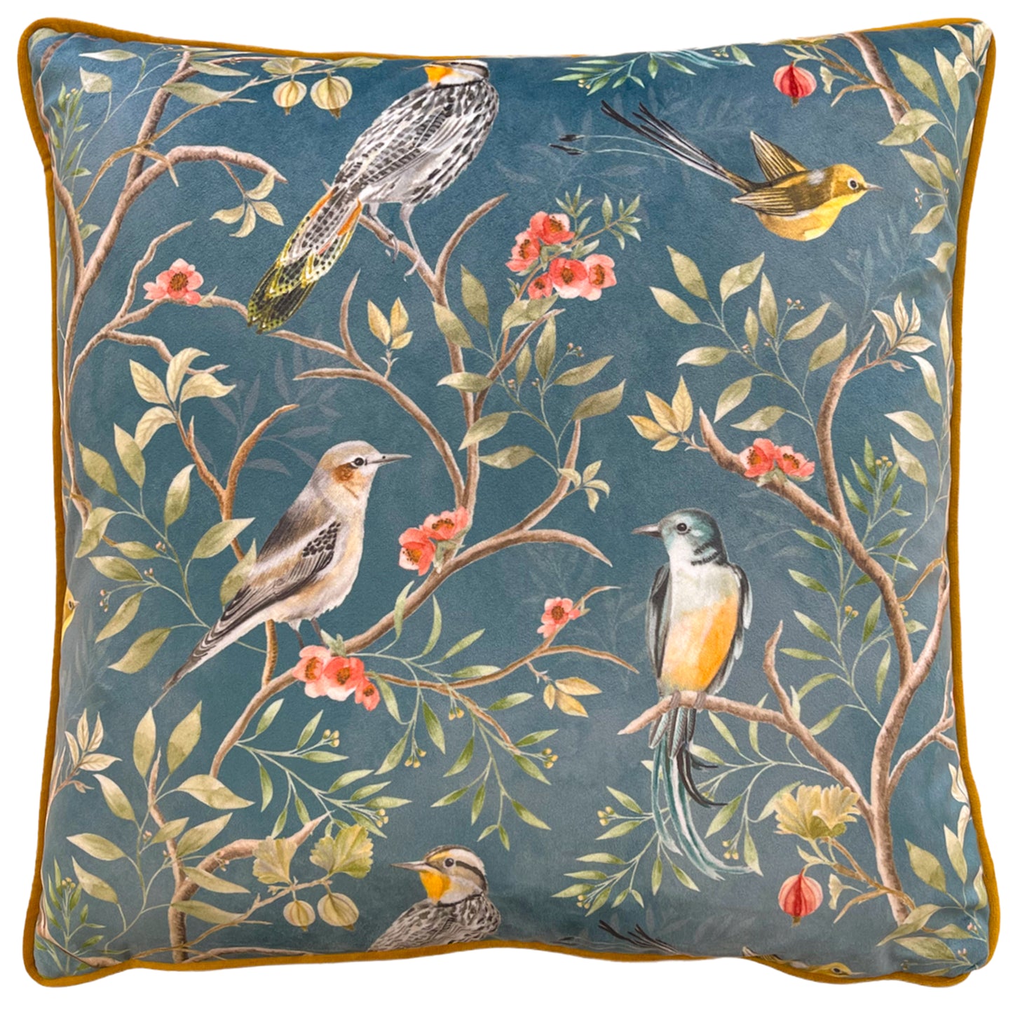 ORIENT CHINOISERIE BIRDS 43X43 FEATHER FILLED CUSHION SLATE BLUE