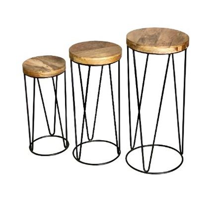 Ravi Iron base solid wood top Round stool set of 3 pcs