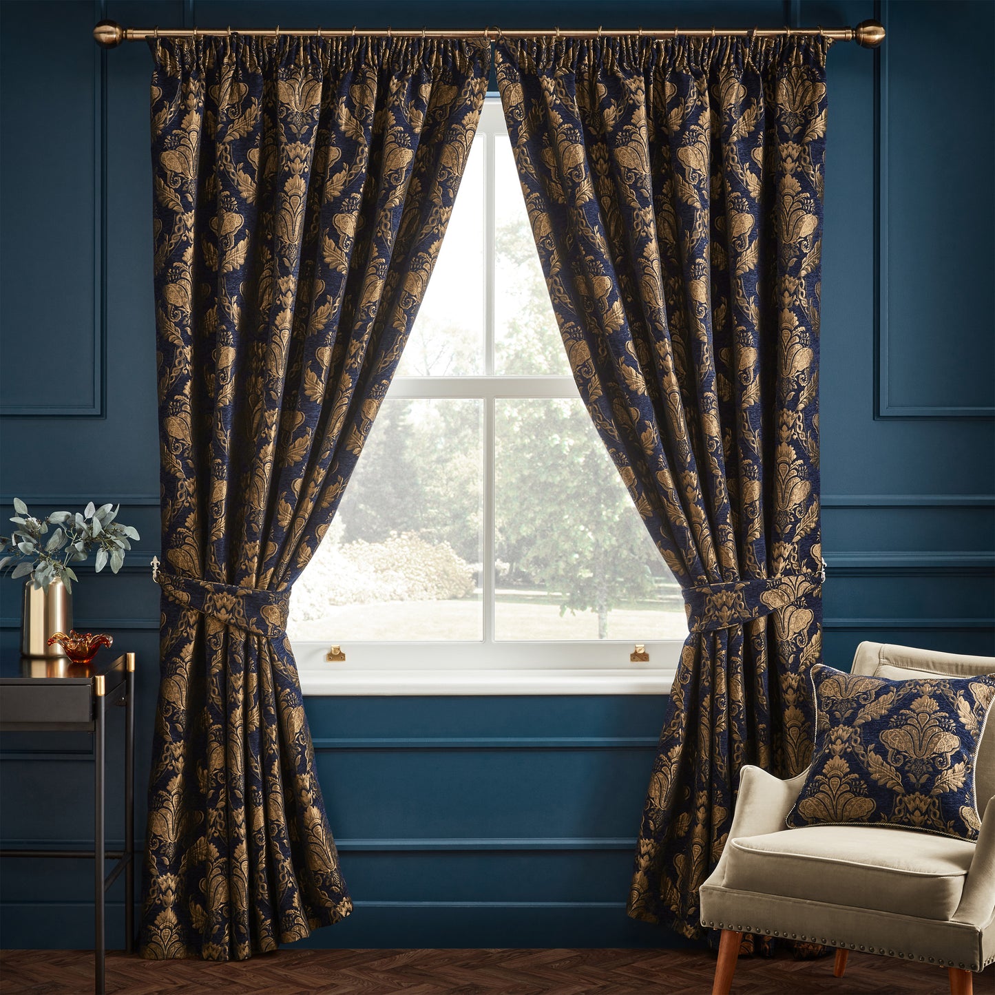 SHIRAZ CURTAIN 90X90 PENCIL PLEAT CURTAINS NAVY