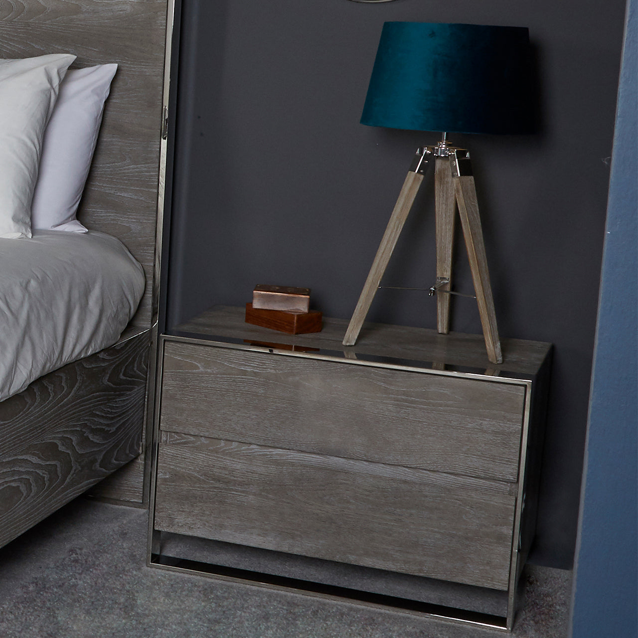 Diego 2 Drawer Bedside Cabinet Grey Elm & Stainless Steel