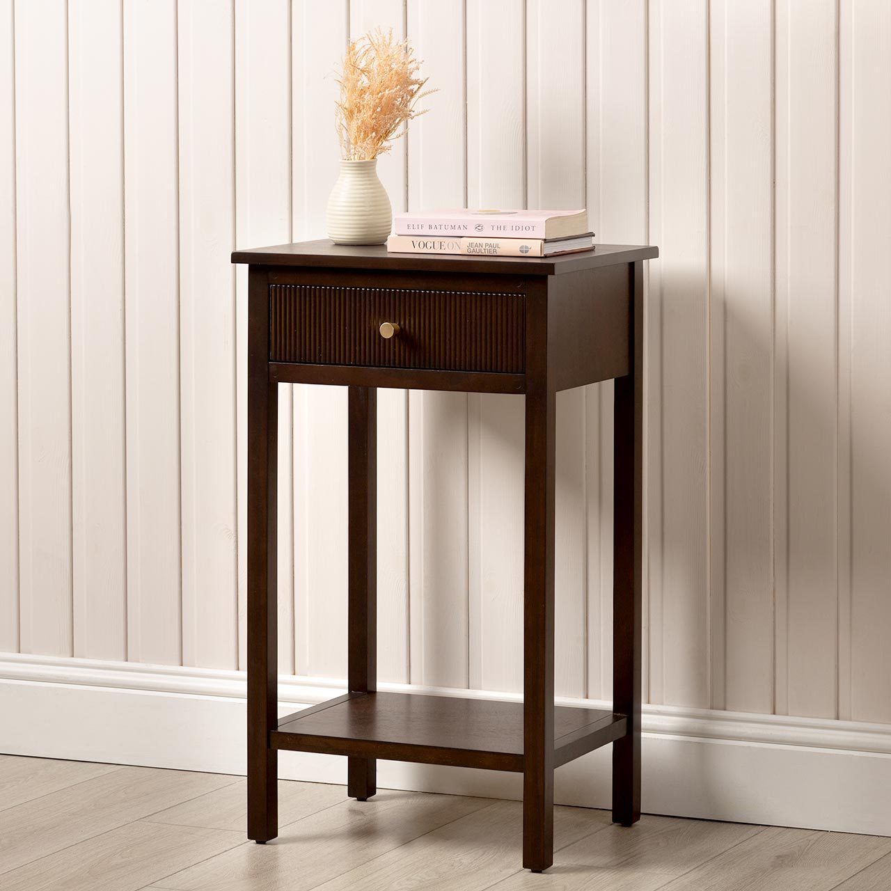 Lindon 1 Drawer End Table Walnut Brown - KD with Gold Handles