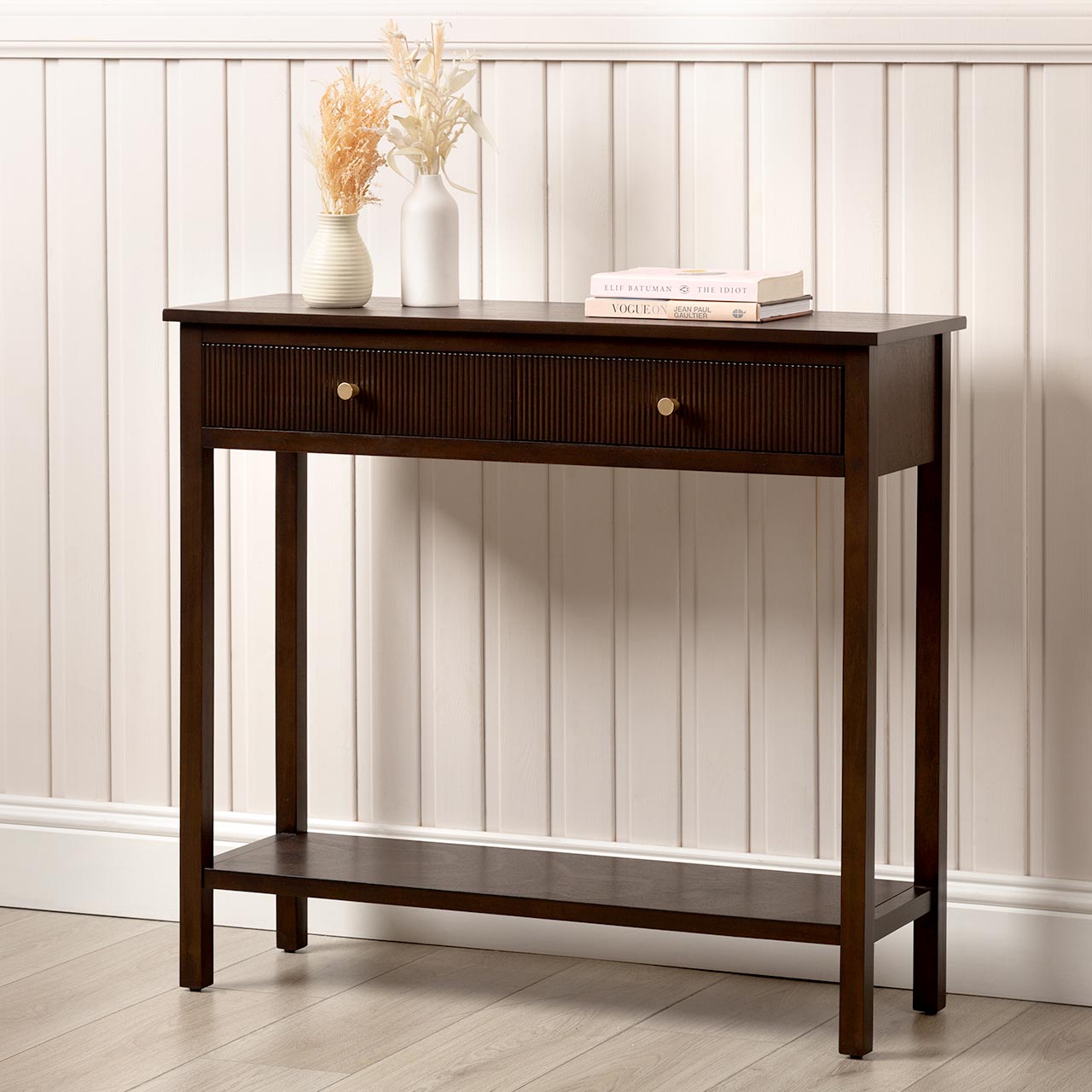Lindon 2 Drawer Console Table Walnut Brown - KD with Gold Handles