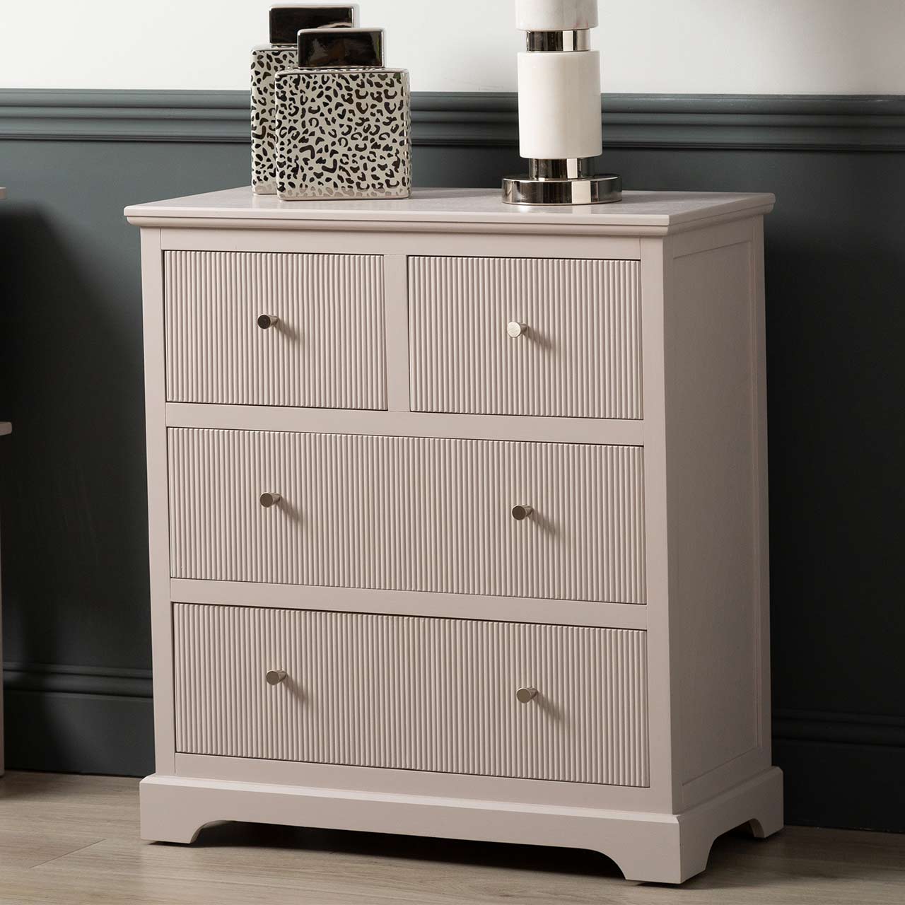 Lindon 4 Drawer Chest Cabinet Summer Grey includes 2 sets of Handle in Nickel and Gold