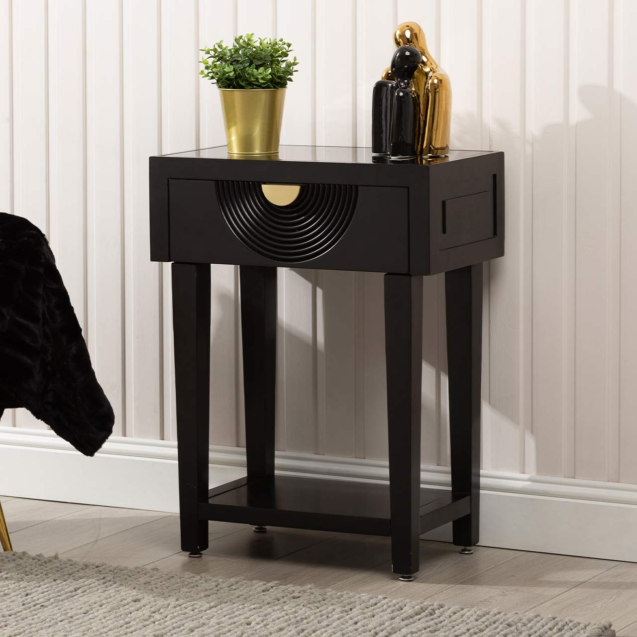 Elon 1 Drawer Telephone Table Black with Mirror Top-KD Legs- includes 2 Sets of Handles in SV & GD