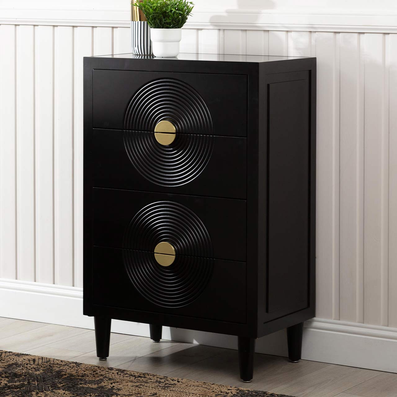 Elon 4 Drawer Tallboy Cabinet Black with Mirror Top-KD Legs- includes 2 Sets of Handles in SV & GD